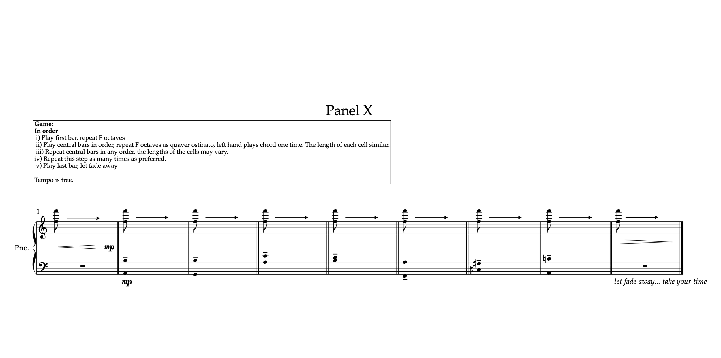 Sheet music titled 'Panel X' with musical instructions and notation, including a game description with steps, tempo instructions, and a musical staff with notes, rests, and dynamic markings.