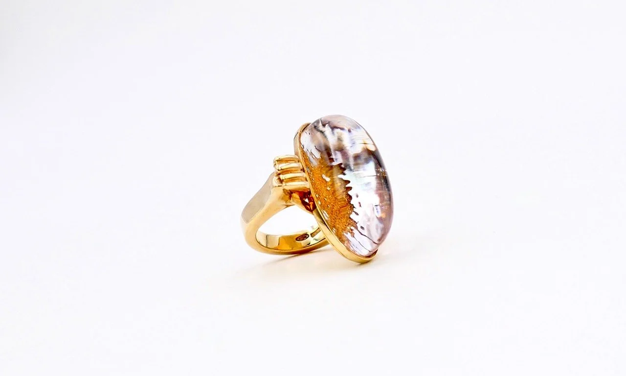 Cleto Munari "Gelosia" gilded silver with rock crystal cabochon ring