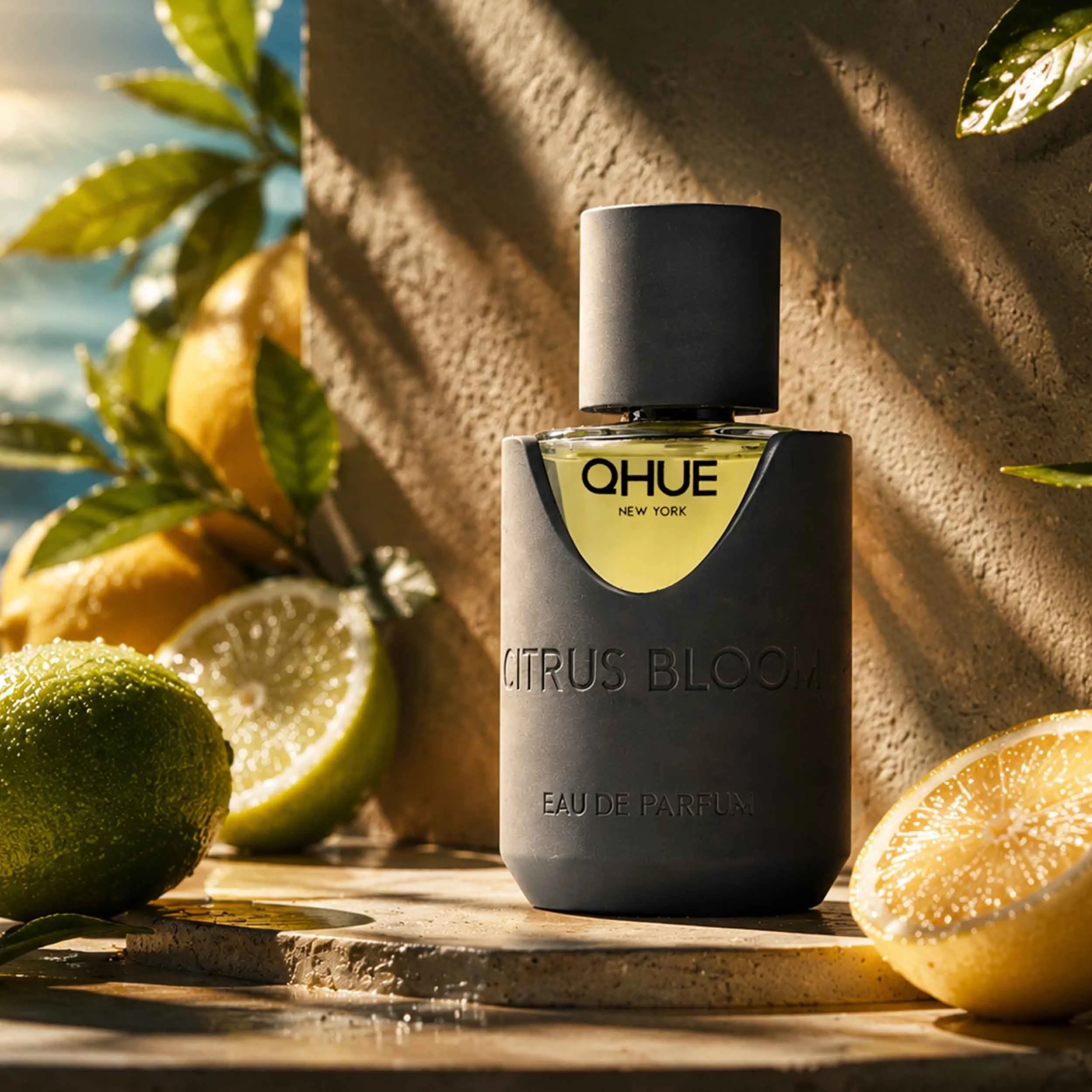 Qhue New York Citrus Bloom Eau de Parfum with fresh lemons and citrus.