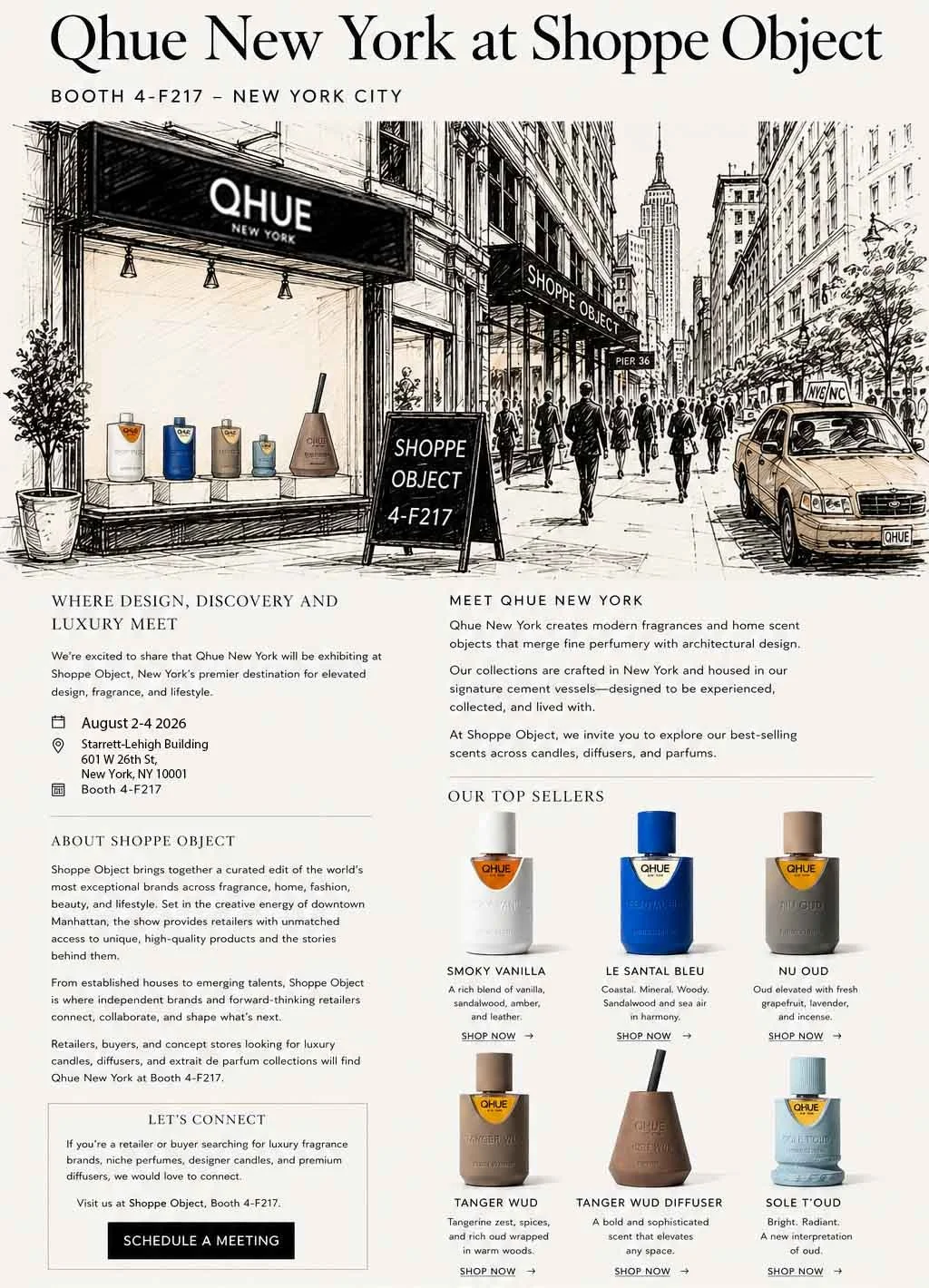 Illustrated editorial artwork of Shoppe Object in New York City featuring the Qhue New York storefront, iconic Manhattan architecture, and Booth 4-F217 promoting luxury fragrances, candles, and diffusers.