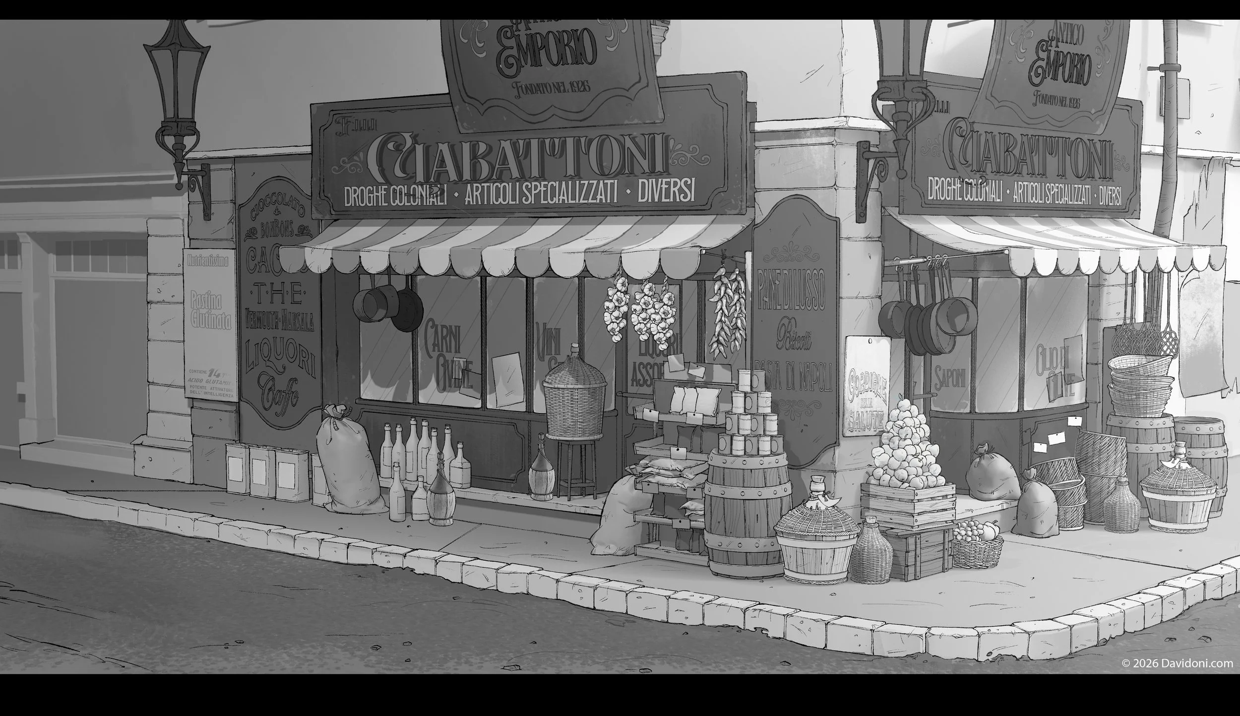 A black and white sketch of a street market stall selling various food items and produce, with signs indicating it specializes in colonial drugs, pastries, and different articles, as well as candies and chocolates.