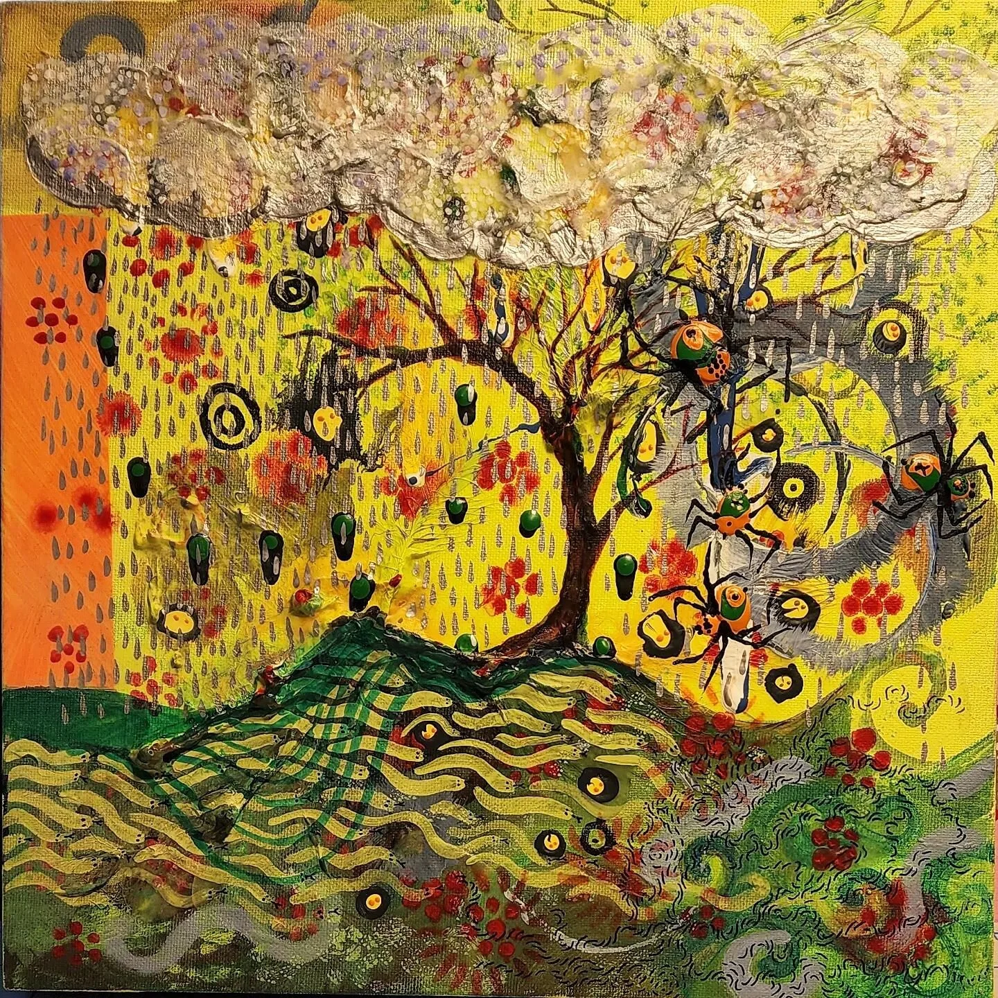 20 year square foot mixed media on canvas 2002-2022. #fortheloveofalia #instartist #artwork #painting #drawing #collage #acrylic #ink #vinyl #canvas #feathers