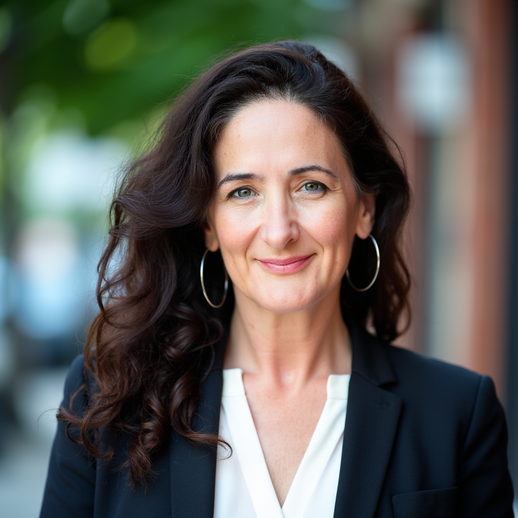 Woman with long curly hair wearing a denim jacket and hoop earrings in front of a green leafy background.