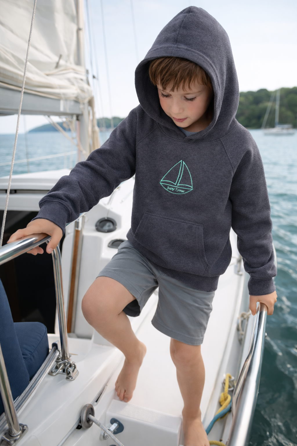 Charcoal Toddler Hoodie with light turquoise Salty Tymes Sailboat Embroidered