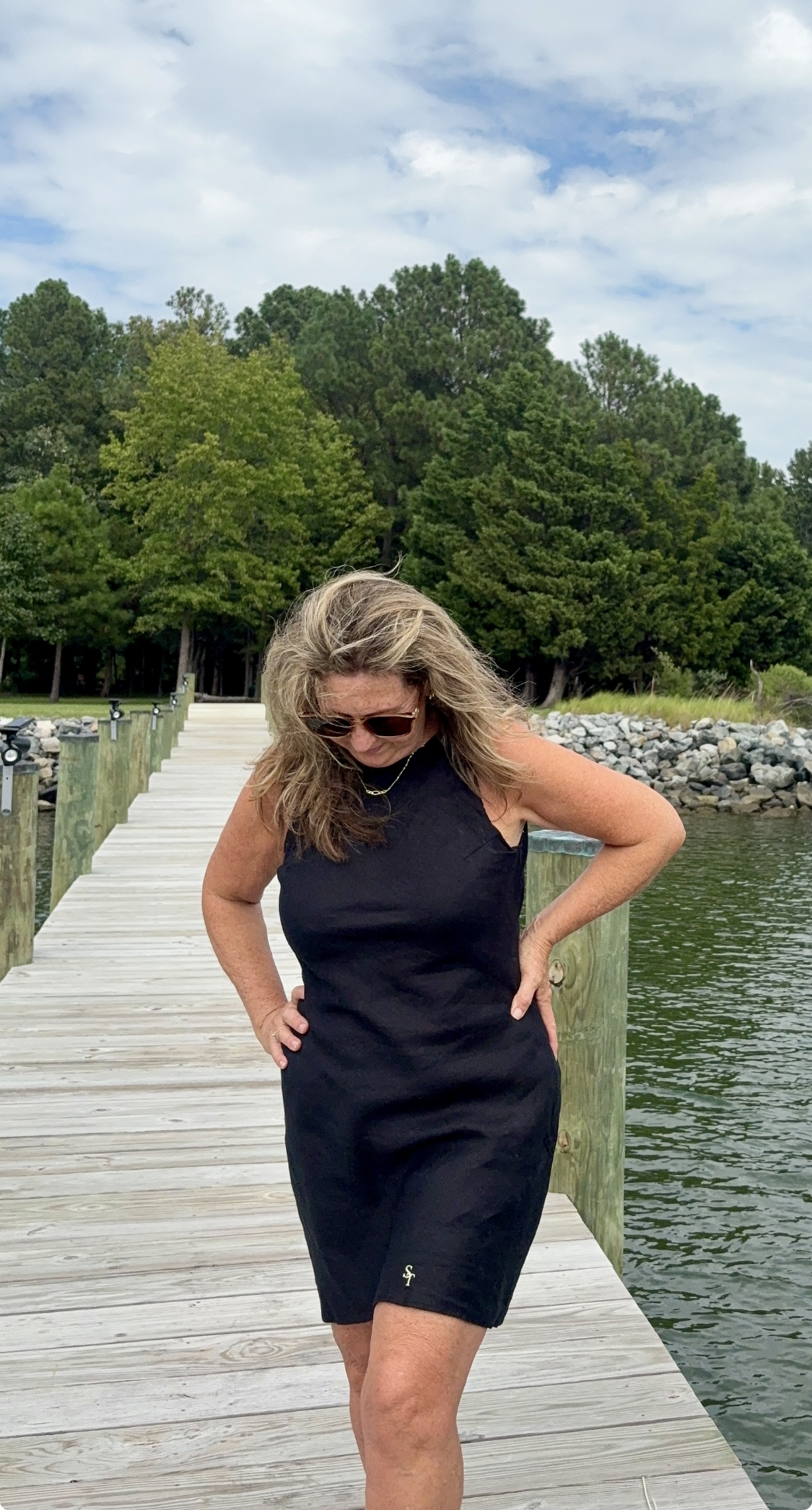 Salty Tymes Midnight Coast linen dress on dock.png