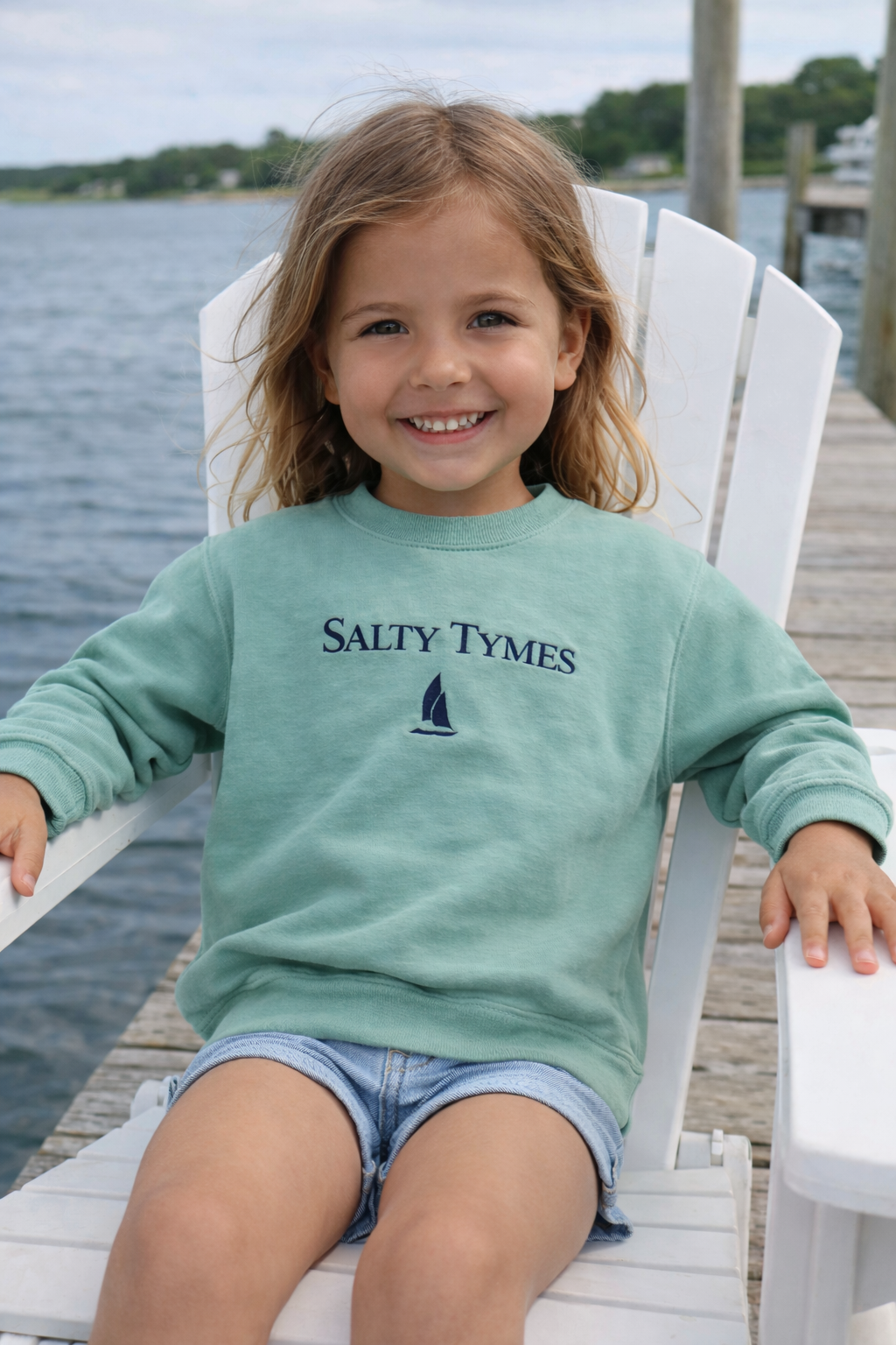 Unisex toddler  Coastal Seafoam Crew with Navy Embroidery  Salty Tymes