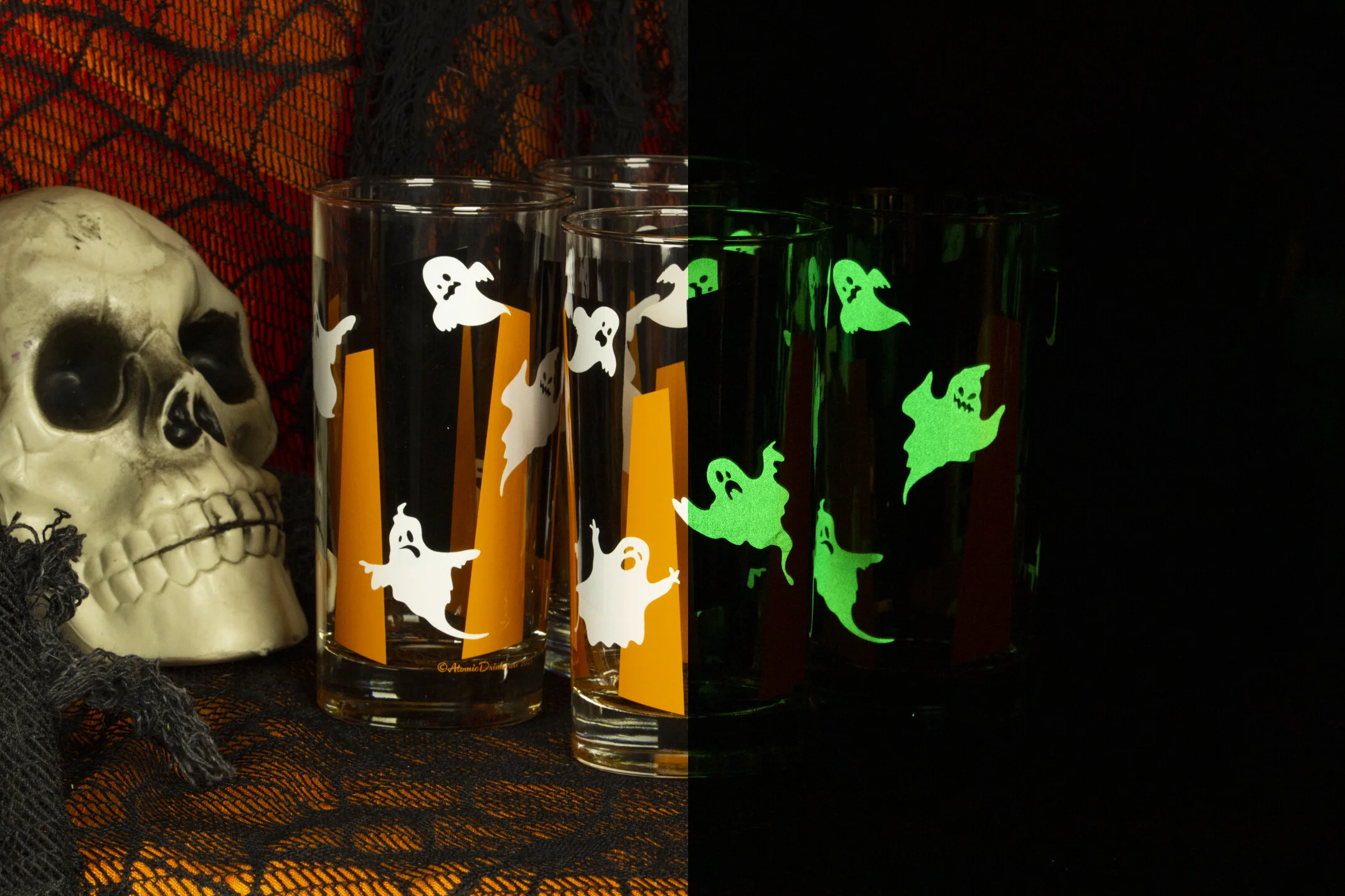 Retro Googie Glow-in-the-dark Halloween ghost ghoul orange and black Collins drinkware glassware glasses spooky cute