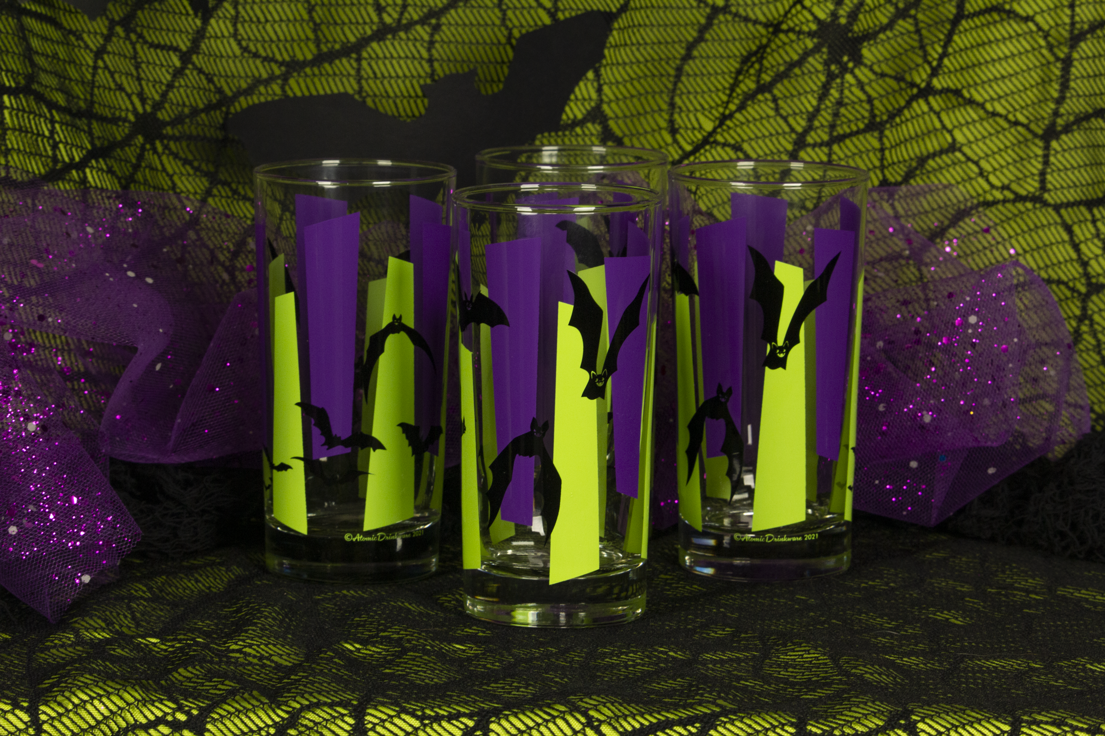 Bite Nite! Bats and Googie Retro Halloween Drinkware Purple and Green Barware Glassware Rocks Collins