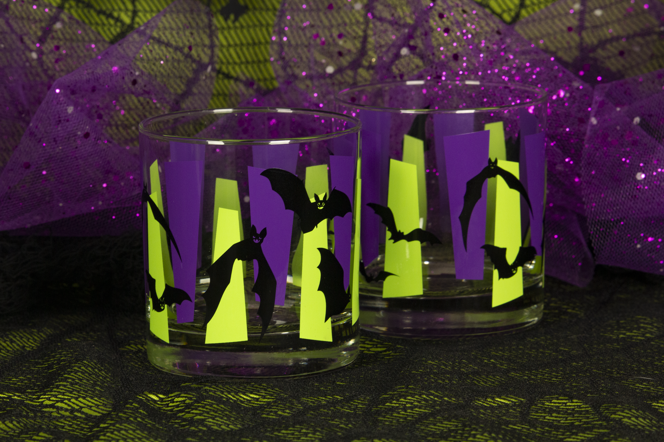 Bite Nite! Bats and Googie Retro Halloween Drinkware Purple and Green Barware Glassware Rocks Collins