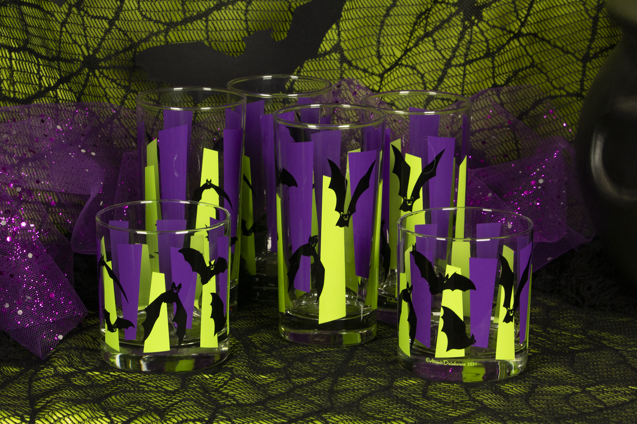 Bite Nite! Bats and Googie Retro Halloween Drinkware Purple and Green Barware Glassware Rocks Collins