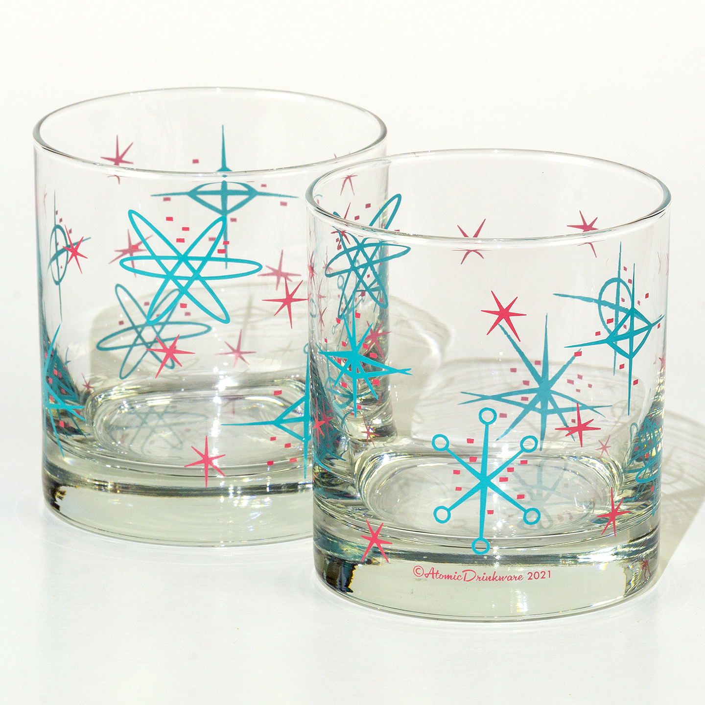 Handmade Retro Atomic Starburst Rocks Glasses in Aqua and Pink 