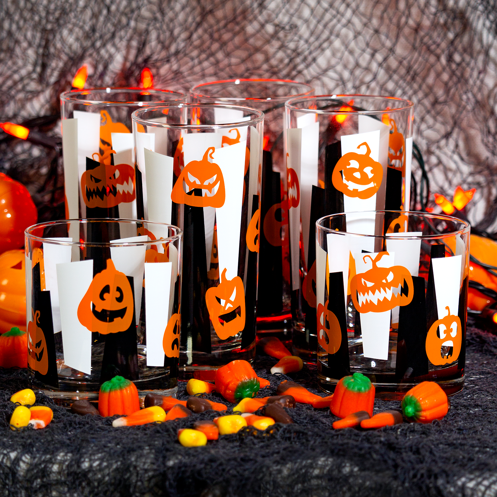 Retro Googie Pumpkin Jack-O-Lantern Halloween Barware Collins Rocks Cocktail Drinkware Glassware Glasses with candy
