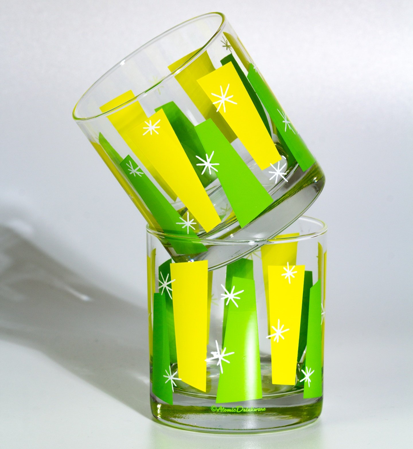 Atomic Drinkware Clearance Singles Sale Lemon Lime Libbey Rocks barware retro vintage jetsons googie starburst glassware