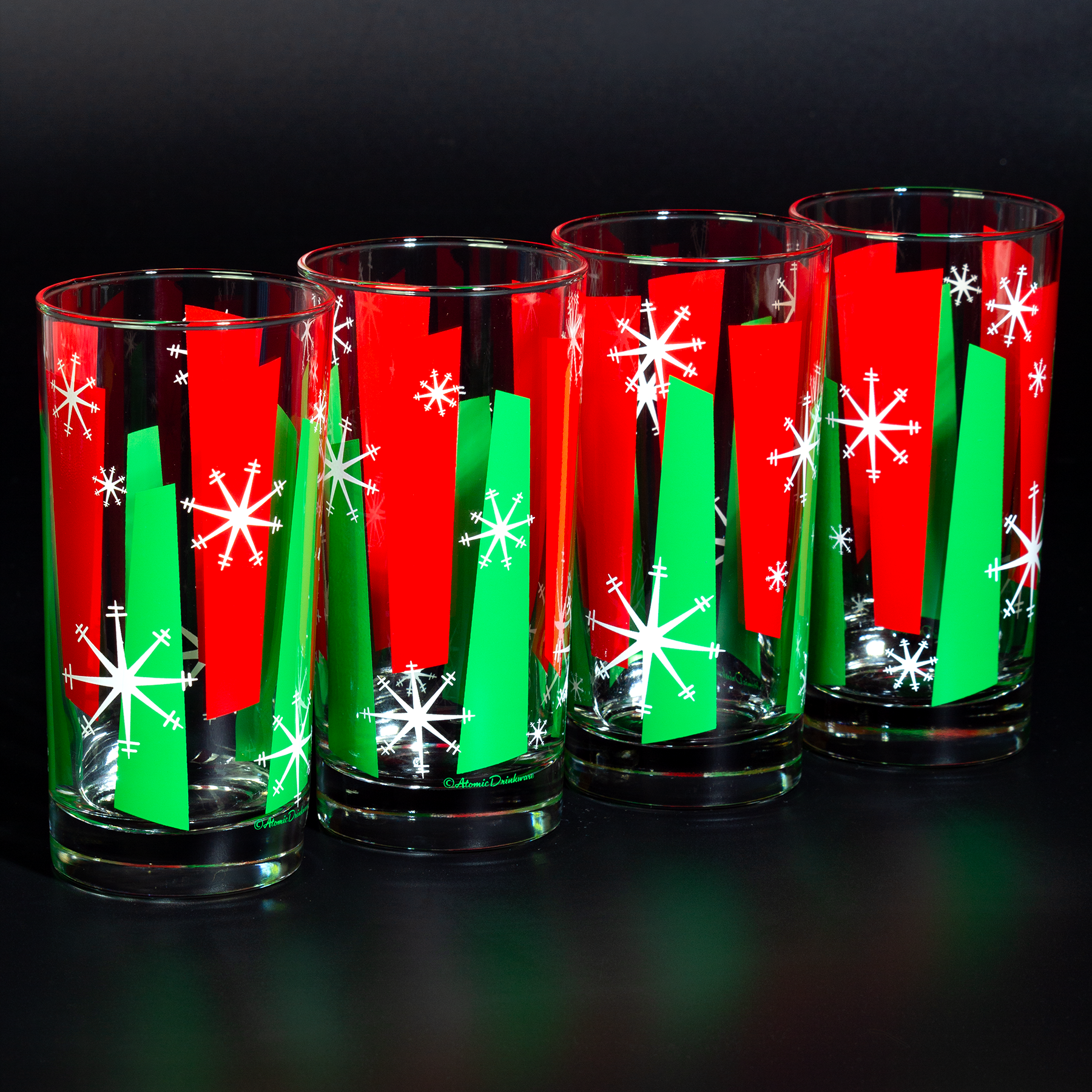 Kitschmas Kitschy Retro MCM Red and Green Classic Snowflake Christmas Drinkware Mid-Century Modern Barware Drinking Glasses