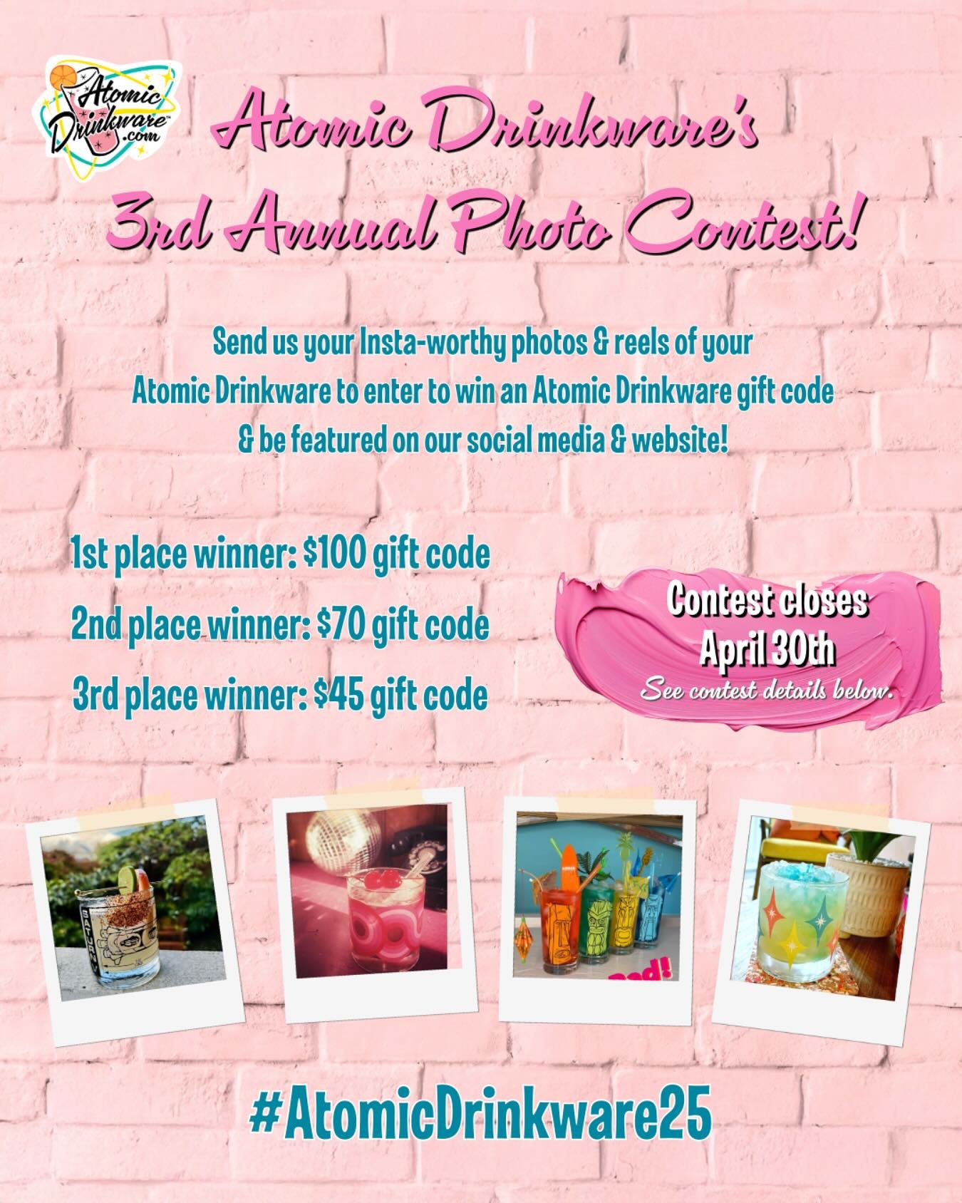 ✨ Announcing Atomic Drinkware&rsquo;s 3rd Annual Photo Contest!✨
💖Atomic Drinkware customers have the BEST retro style! Show us YOUR style in insta-worthy
photos and/or reels of Atomic Drinkware! 💖 Our favorites will be reposted on our social media