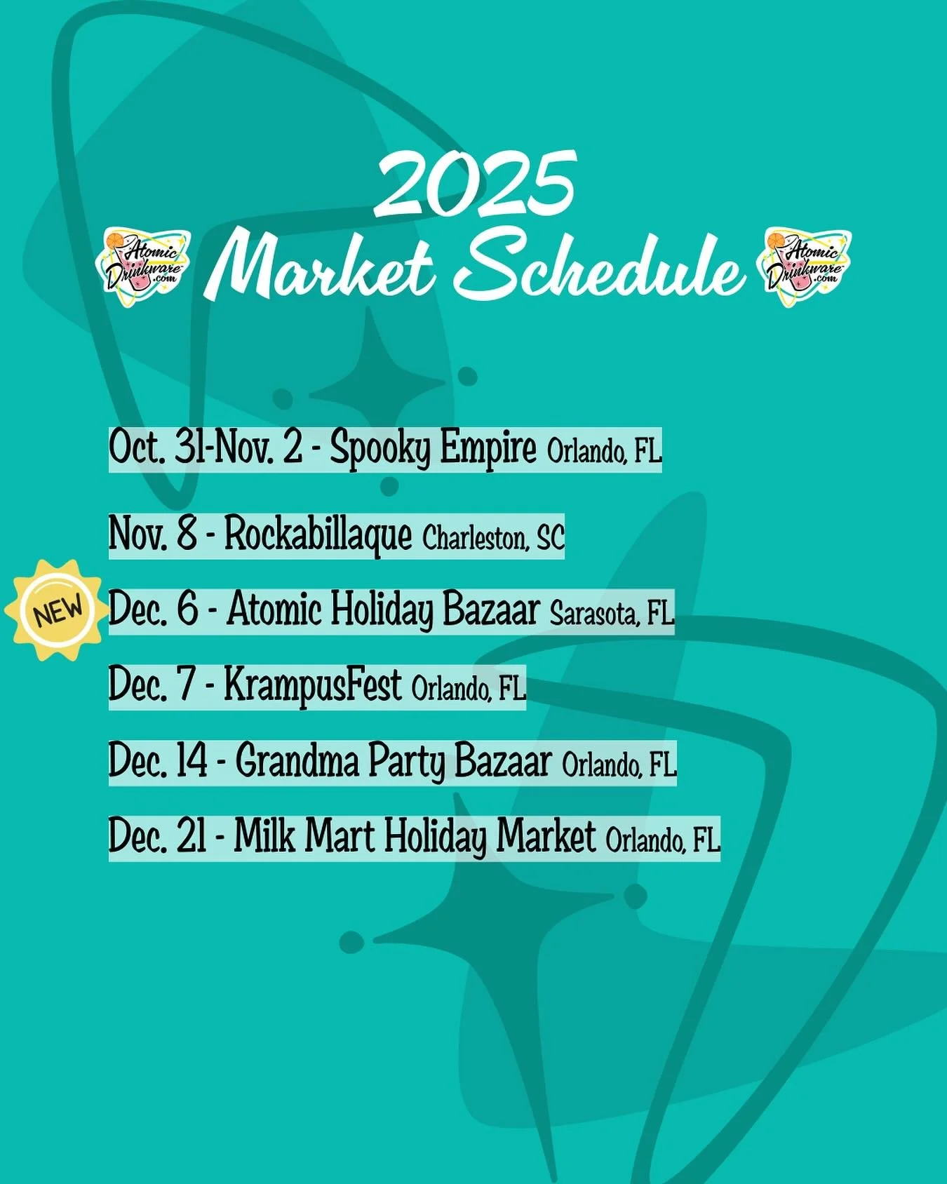 Here&rsquo;s an updated market schedule! We&rsquo;re so excited to celebrate 👻Halloween 🎃 at @spookyempire this weekend. Plus, we just added @atomicholidaybazaar to our schedule. If you&rsquo;re spending this season, make sure to come out &amp; sup