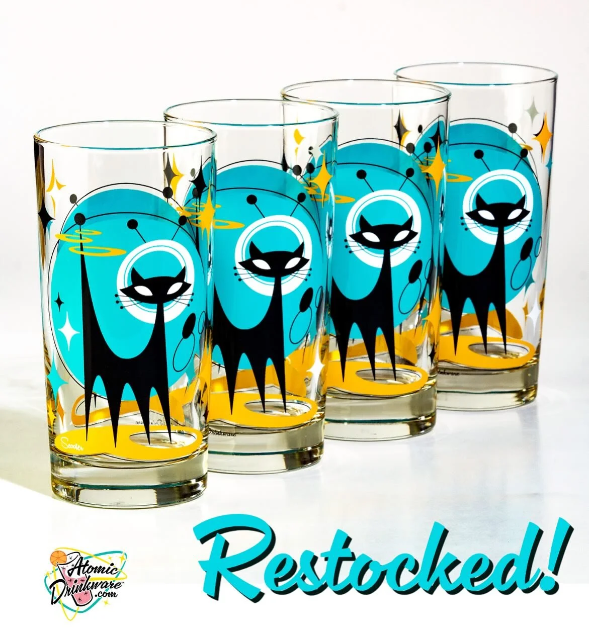 Atomic Space Cats are restocked! ✨🐈&zwj;⬛🚀

This deluxe 4-color glass in collaboration with @artofscooter features a mid century styled atomic space cat that is out of this world!

Carefully hand-printed in small batches with durable, non-toxic epo