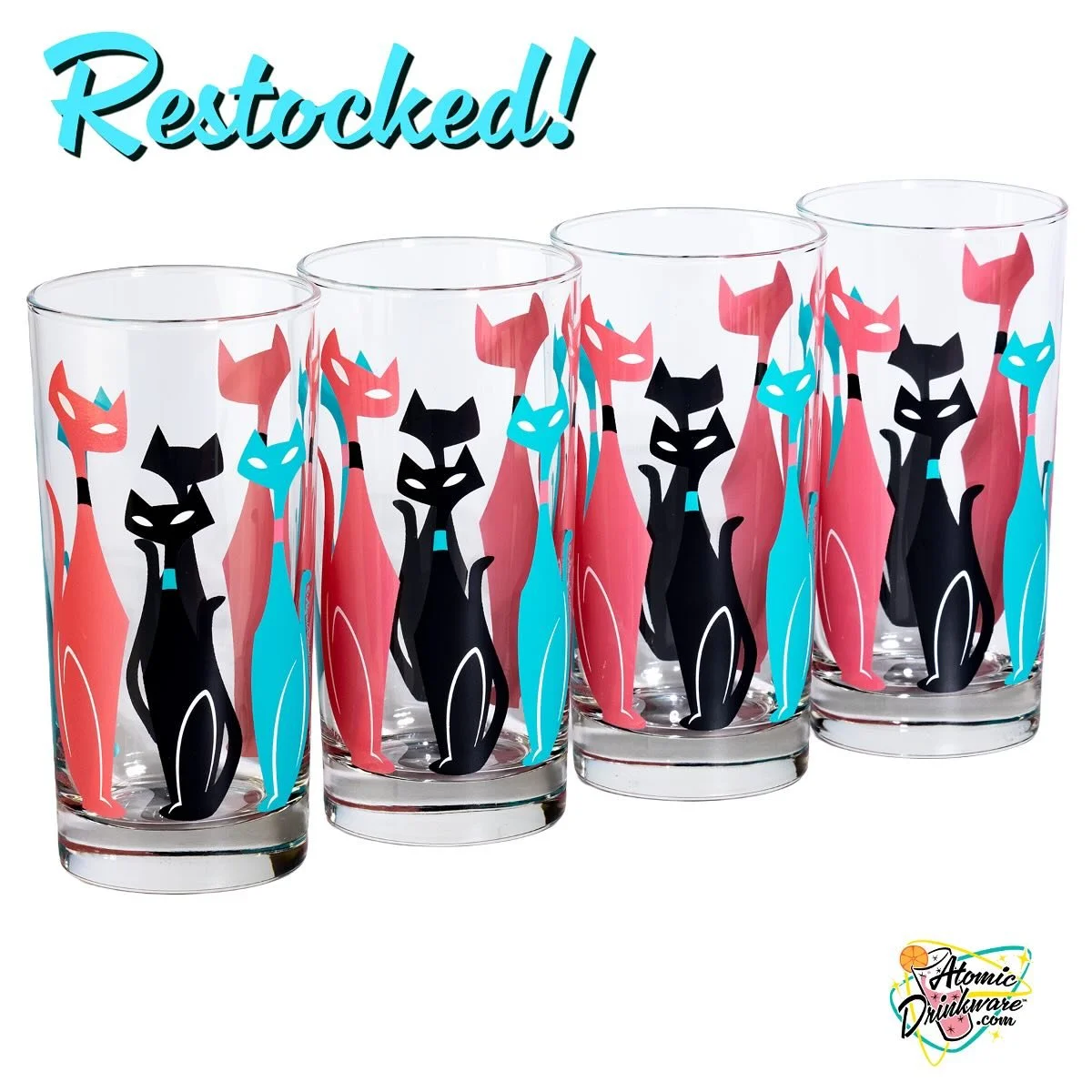 All the @artofscooter cats are back in stock! We&rsquo;ve got Purrfectly Pink Sexton Cats, Original Orange Sexton Cats &amp; Atomic Space Cats! 🐈&zwj;⬛ 
Beautifully hand-printed in small batches on Libbey glassware. Dishwasher safe! 
Shop small 💖
