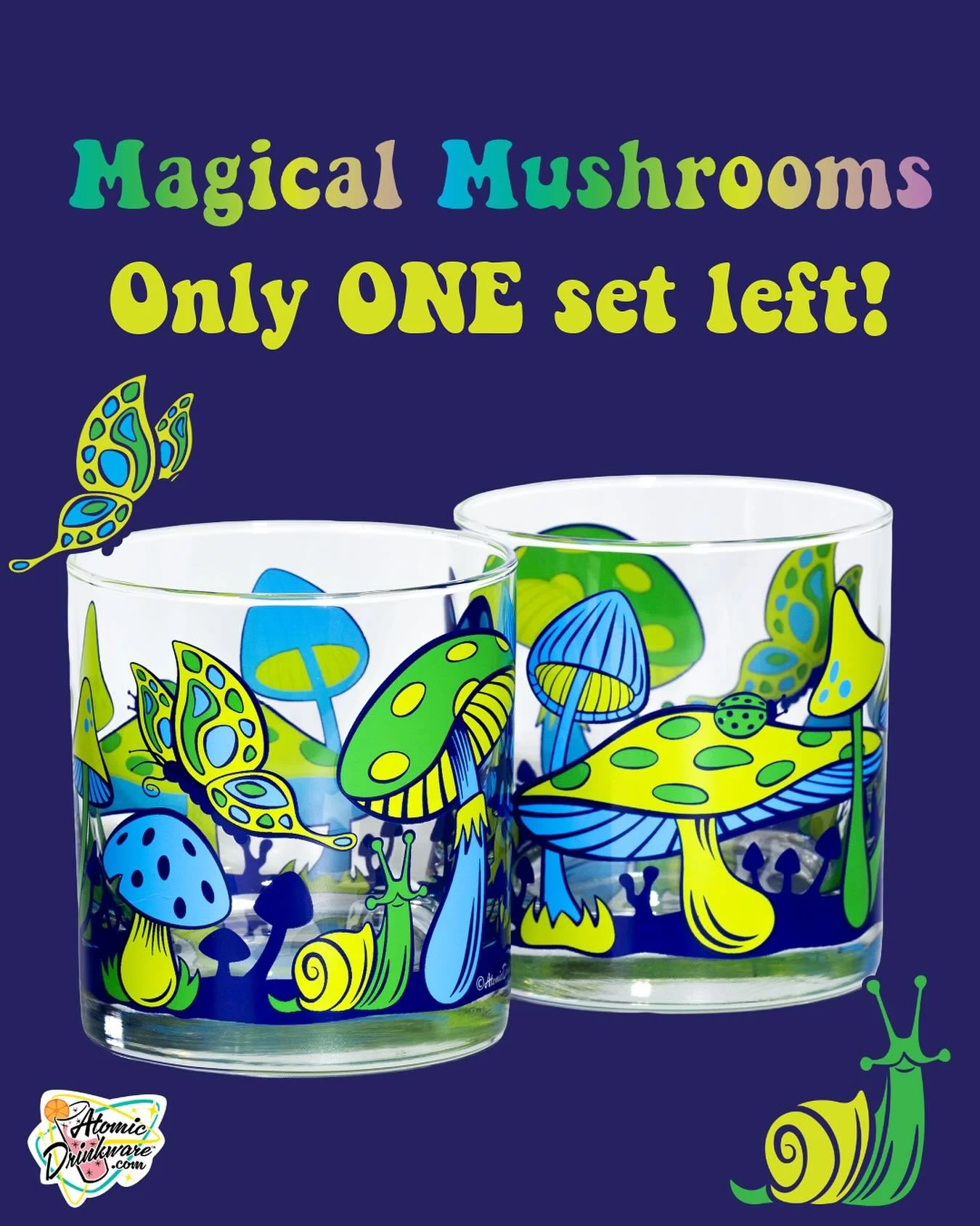 Only one set left of Magical Mushrooms &lsquo;Feelin&rsquo; Groovy&rsquo; Rocks Atomic Drinkware! If you&rsquo;ve been thinking about it, now&rsquo;s your last chance of the year. Comes in a cute gift box &amp; dishwasher safe!
🐌🍄🦋🐞
Chartreuse, g