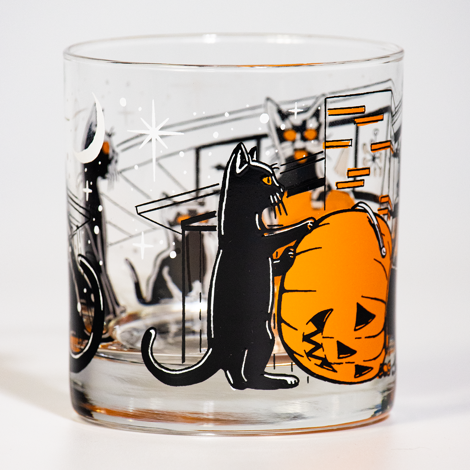 Retro black cat and pumpkin cocktail glass, collectible Halloween barware