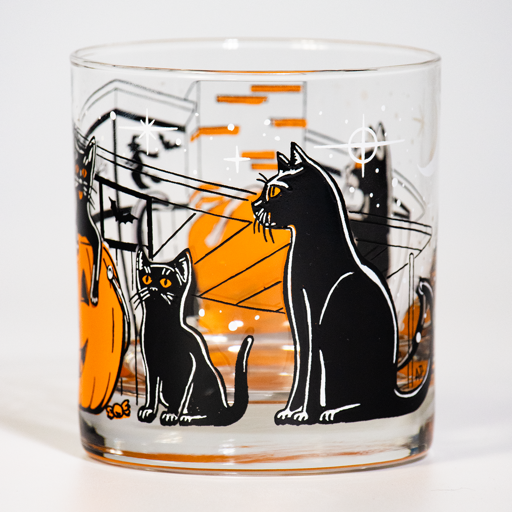 mid-century Halloween with Pumpkin Prowlers — limited edition retro glassware cute black kittens and atomic sparkle