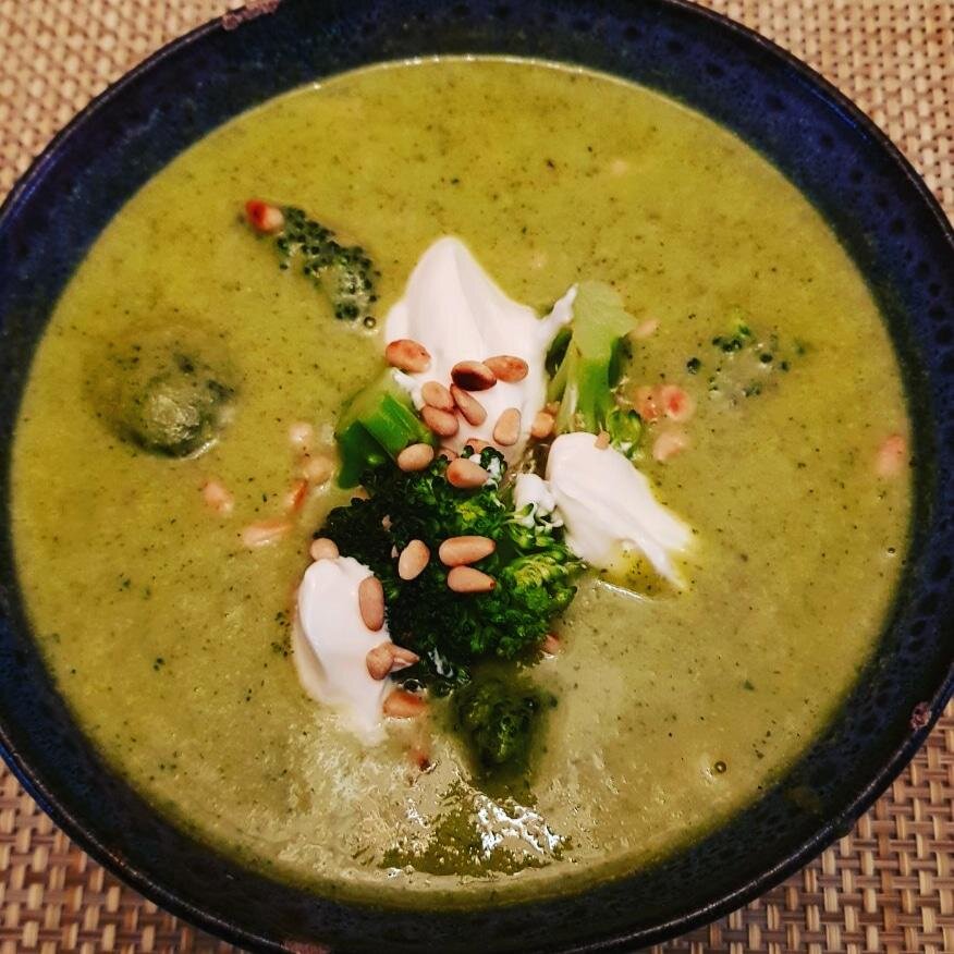 Coconut cream of broccoli, saute broccoli florets, creme fresh, and toasted pine nuts.