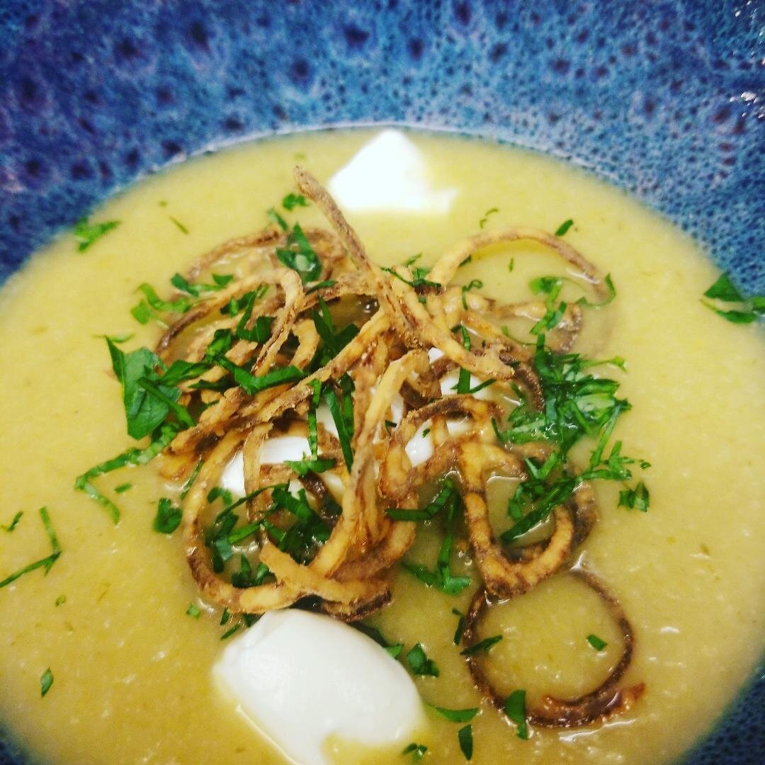 Potato leek soup, creme fresh, crispy fried shallot.