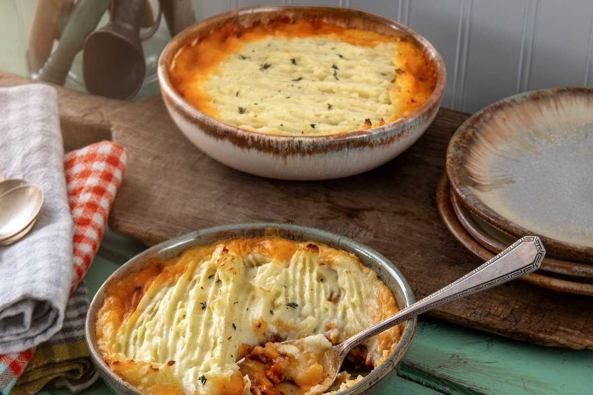 Traditional Irish Shepherd’s Pie in handcrafted pottery