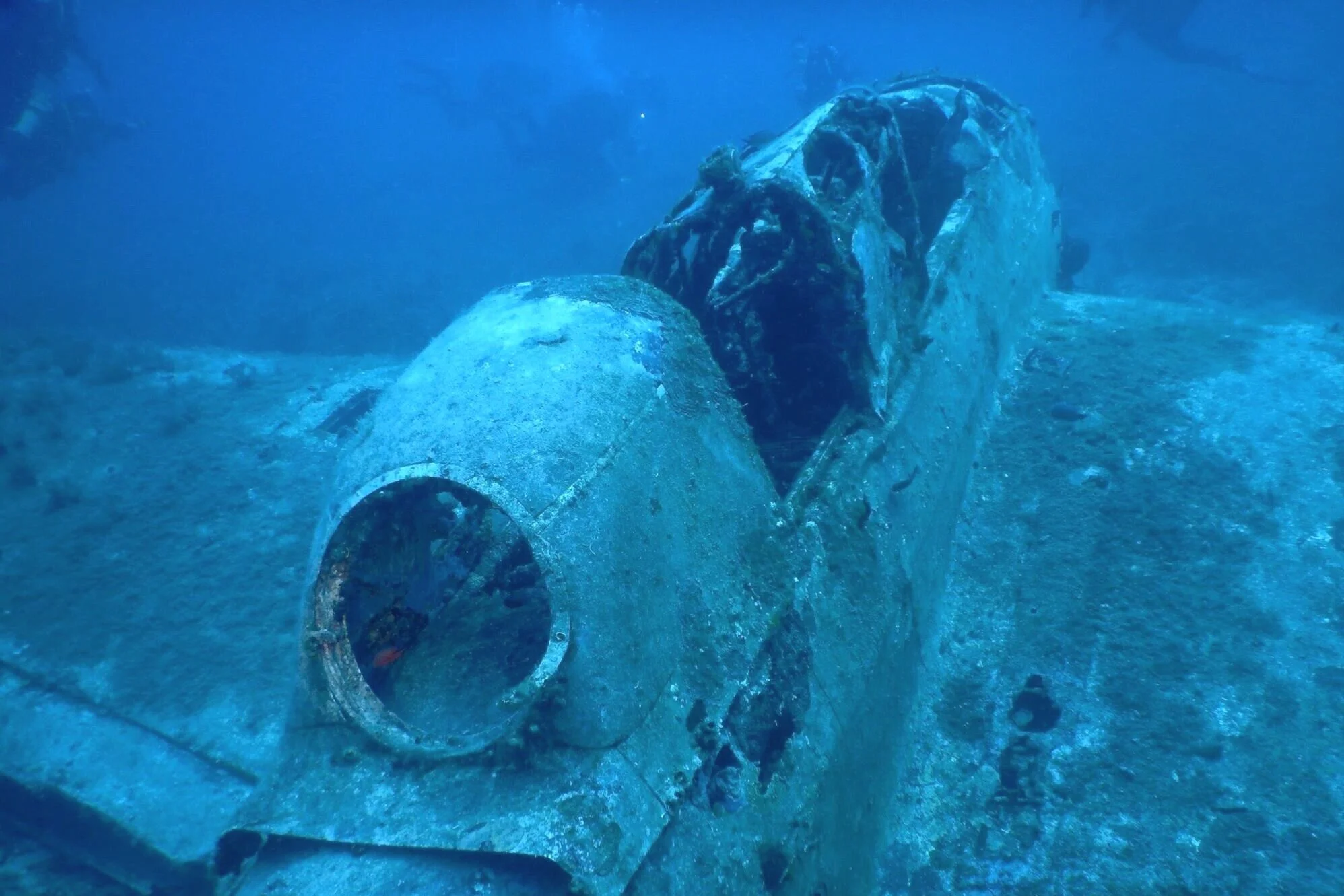 Scuba diving plane wreck in ocean