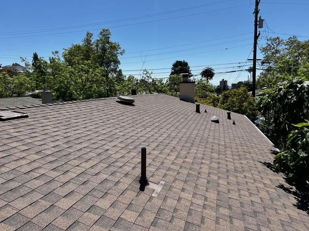 View of a roof with asphalt shingles, vents, and a chimney, with trees and power lines in the background under a clear blue sky.