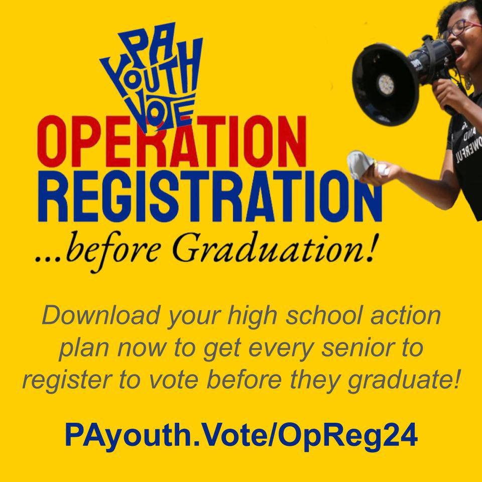 It's all hands on deck to register high school seniors to vote before they graduate! Get your Operation Registration Action Plan here: PAyouth.Vote/OpReg24 
&gt;&gt;&gt;Resources for voter registration in your high school
&gt;&gt;&gt;Getting state ID