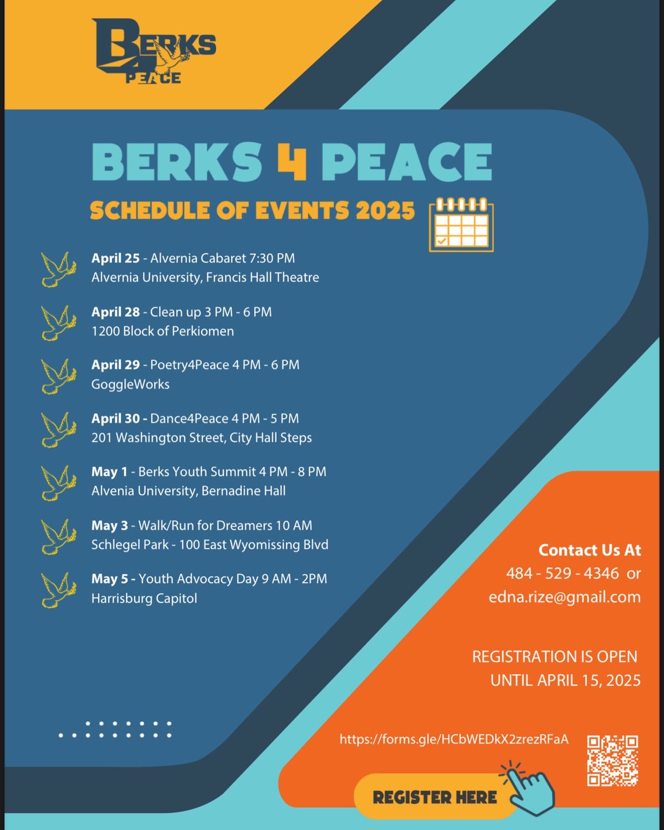 Berks4Peace is here!
From April 25–May 5, we’re uniting for a powerful week of youth-led events—from poetry and dance to advocacy at the State Capitol. Join us as we uplift voices, promote peace, and spark change across Berks Count