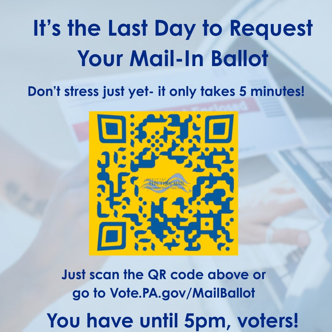 🔈Don't wait! Voting by mail best way to ensure your voice is heard if getting to the polls is tricky on election day. 🗳You only have until 5pm- so go now to Vote.PA.gov/MailBallot and request your ballot✉
#VoteByMail #voteeveryelection #payouthvo