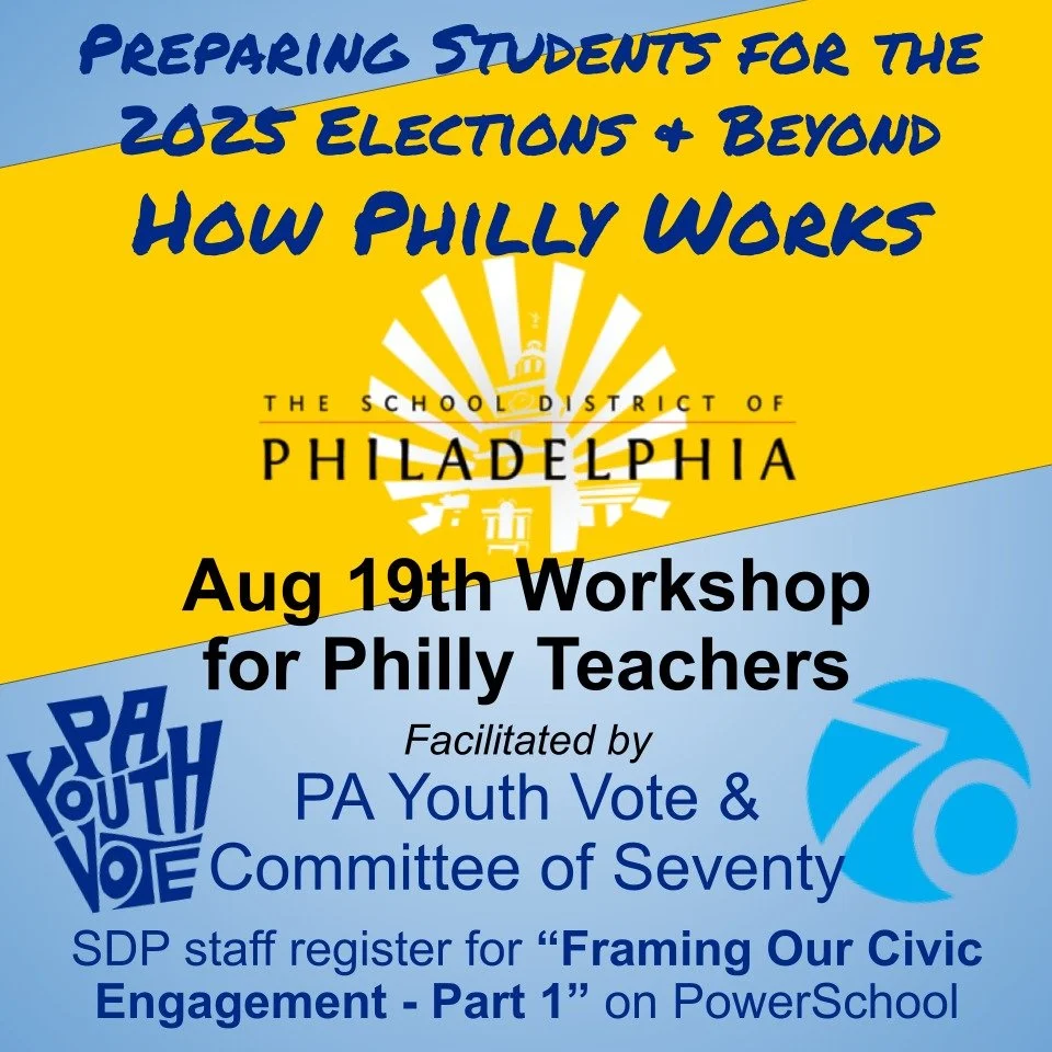Welcome back teachers in @philly_schools! Join our August 19th SDP Professional Development: "Preparing Students for the 2025 Election & Beyond" for an interactive and informative workshop with TONS of lessons and resources from PA Yout