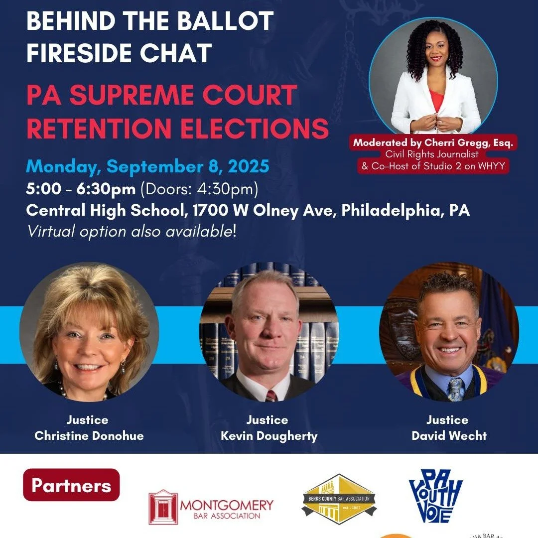 The most important election you’re not talking about? The PA Supreme Court retention election on November 4.
Join us and @paformoderncourts @committeeof70 @lwvpa @votethatjawn and others on September 8 for a fireside chat with the justices the