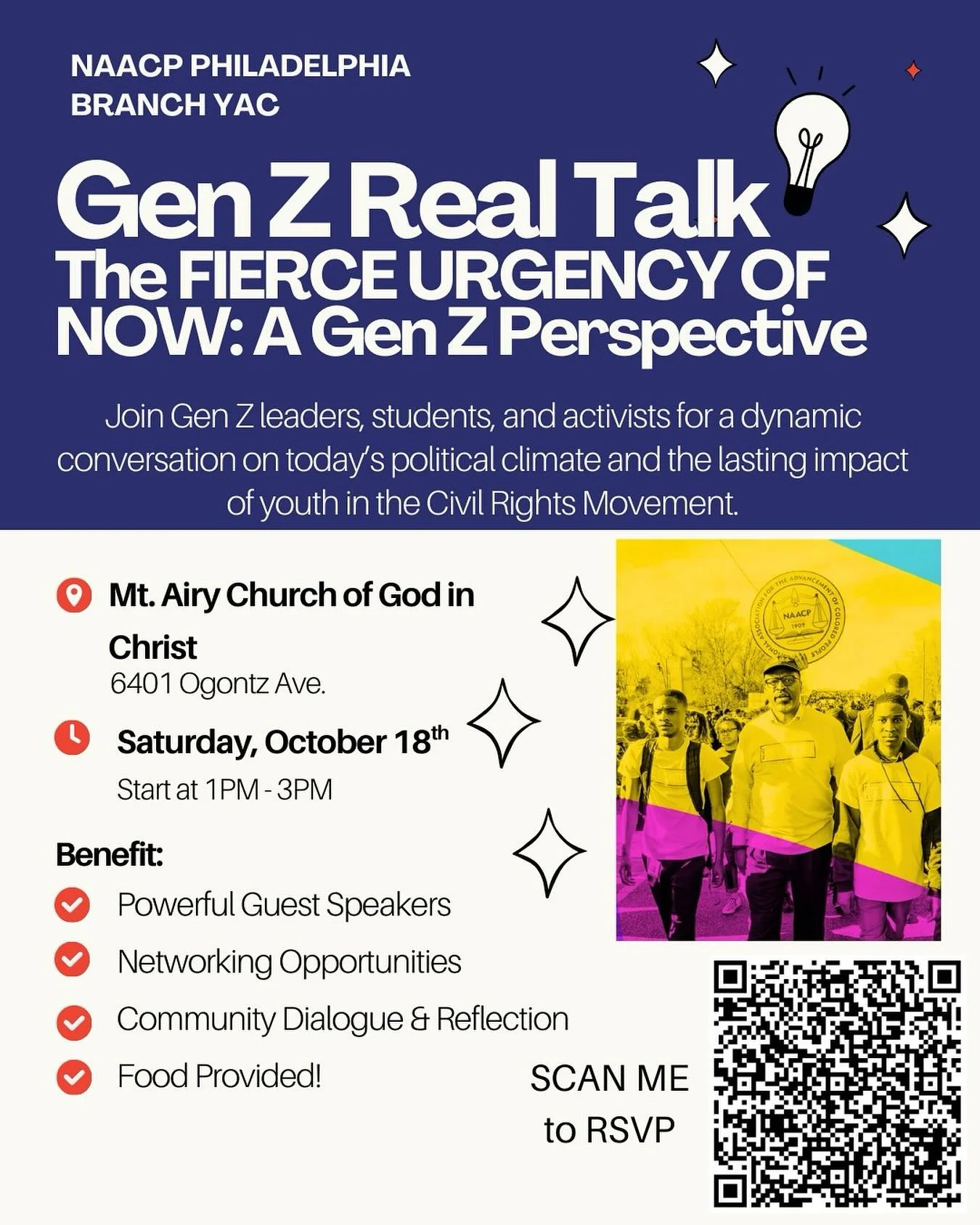 Join the NAACP Philadelphia Branch for a roundtable discussion, where Gen Z leaders, students and activists are discussing the current political climate and how it could impose lasting impacts on today&rsquo;s youth.
-
Use the QR code to register tod