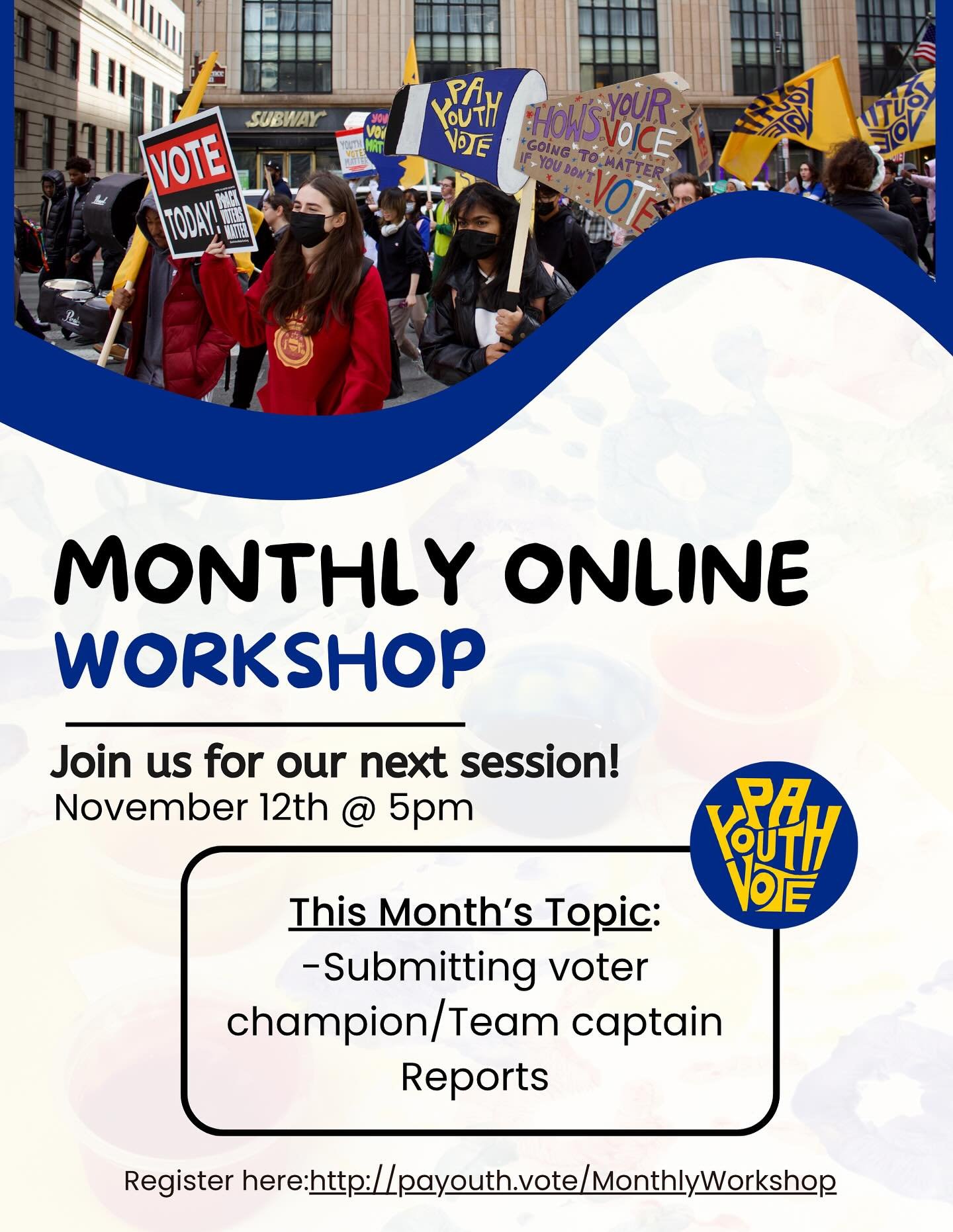 Join us for our next teacher&rsquo;s workshop! This is an opportunity for educators to learn more about civics and how to get involved with PA Youth Vote!
-
The next session is happening November 12th @ 5pm, be there or be square! Register here: here