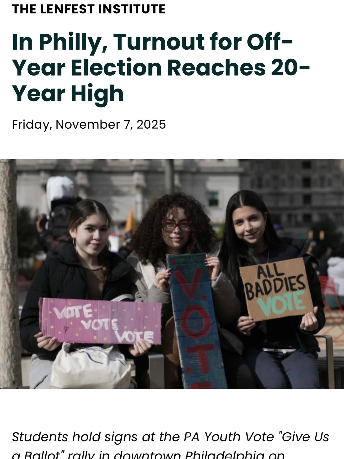 Huge thank you to @lenfestinstitute for featuring @payouthvote and highlighting the work we&rsquo;re doing to empower young people across Philadelphia. We&rsquo;re grateful for the acknowledgment, the support, and the platform to amplify youth voices