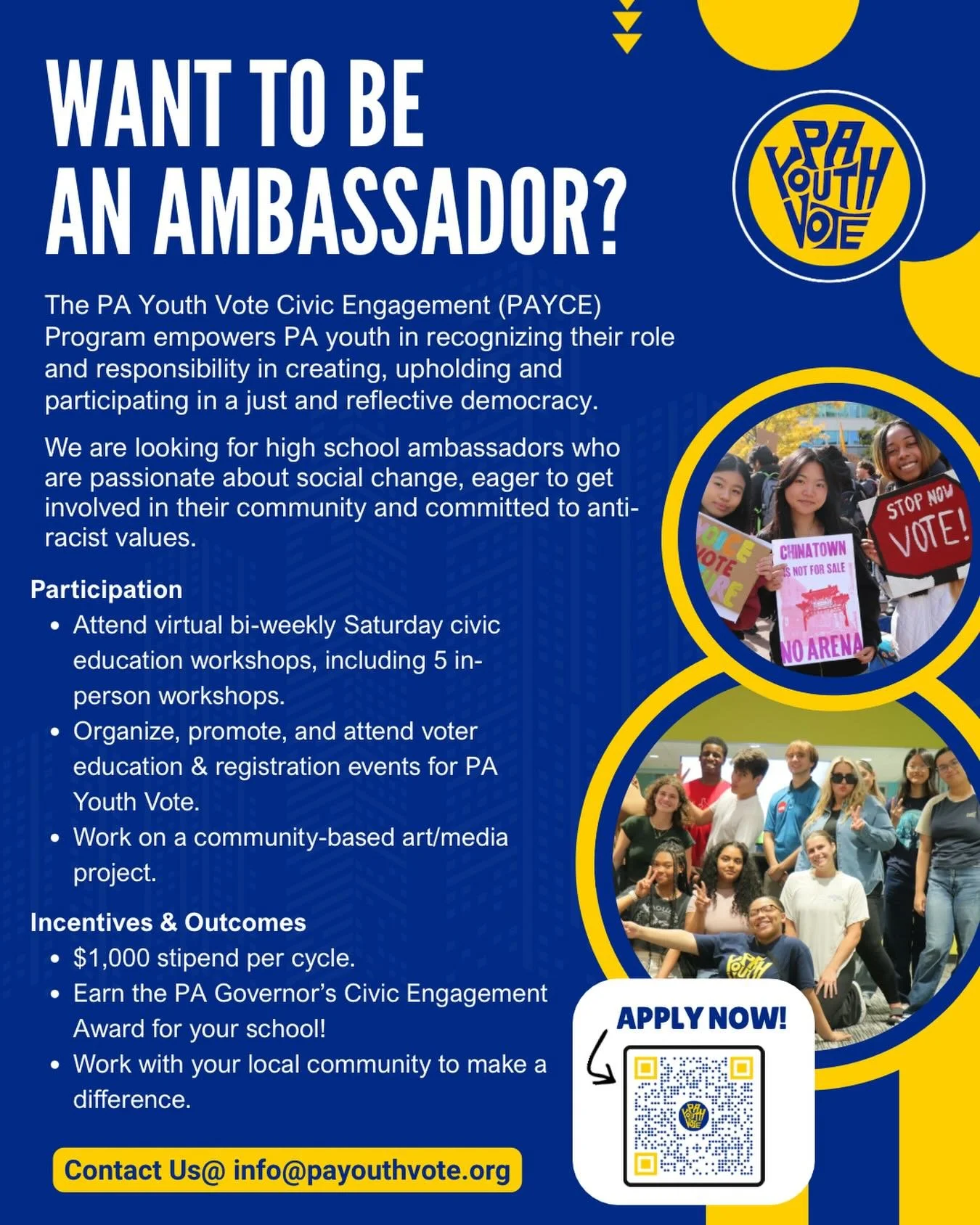 PA Youth Vote is looking for High School Ambassadors!
-
Ambassadors are high schoolers that support our mission in ensuring local schools &amp; communities have the resources &amp; information they need to actively participate in the political proces