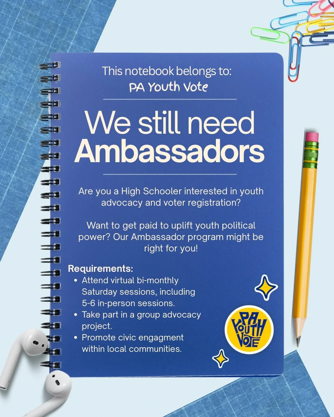 Just a reminder that PA Youth Vote is still looking for High-school ambassadors! Ambassadors are High Schoolers that help promote civic engagement within their local communities. 
-
All schools located in Philadelphia &amp; the surrounding areas are 