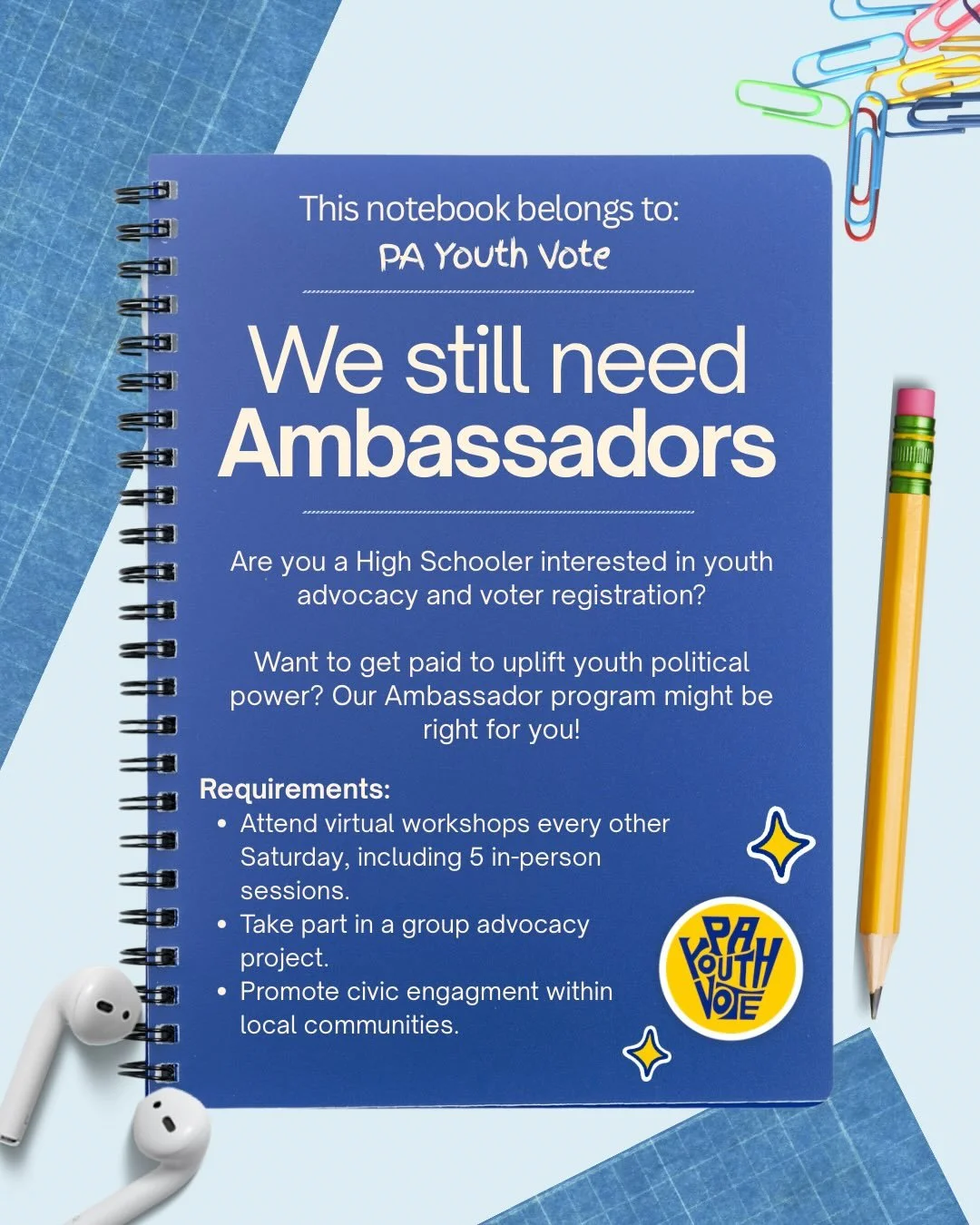 There&rsquo;s still time to sign-up for PA Youth Vote&rsquo;s PAYCE ambassador program! If you&rsquo;re interested, please apply by this Friday 1/9. See second slide for more info. 
-
This program is for students in the Philadelphia area or nearby co