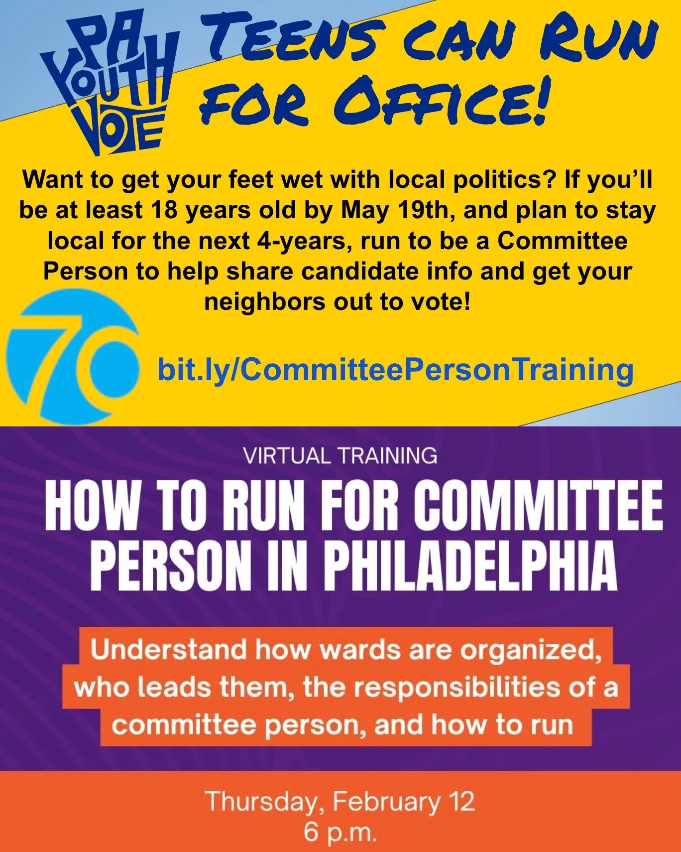 Teens can run for office too! 
Being a committee person is a great neighborhood-level entry into politics and civic engagement. On May 19th, the Democratic and Republican parties will each elect 2 committee people in every precinct or division. You c