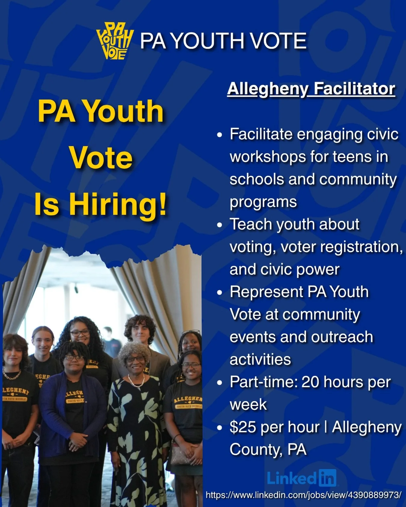 Do you like working with teens? Are you passionate about amplifying youth voice, voter registration, and supporting young people in building political power? PA Youth Vote is looking to hire an Allegheny Facilitator to work with us part-time this sum