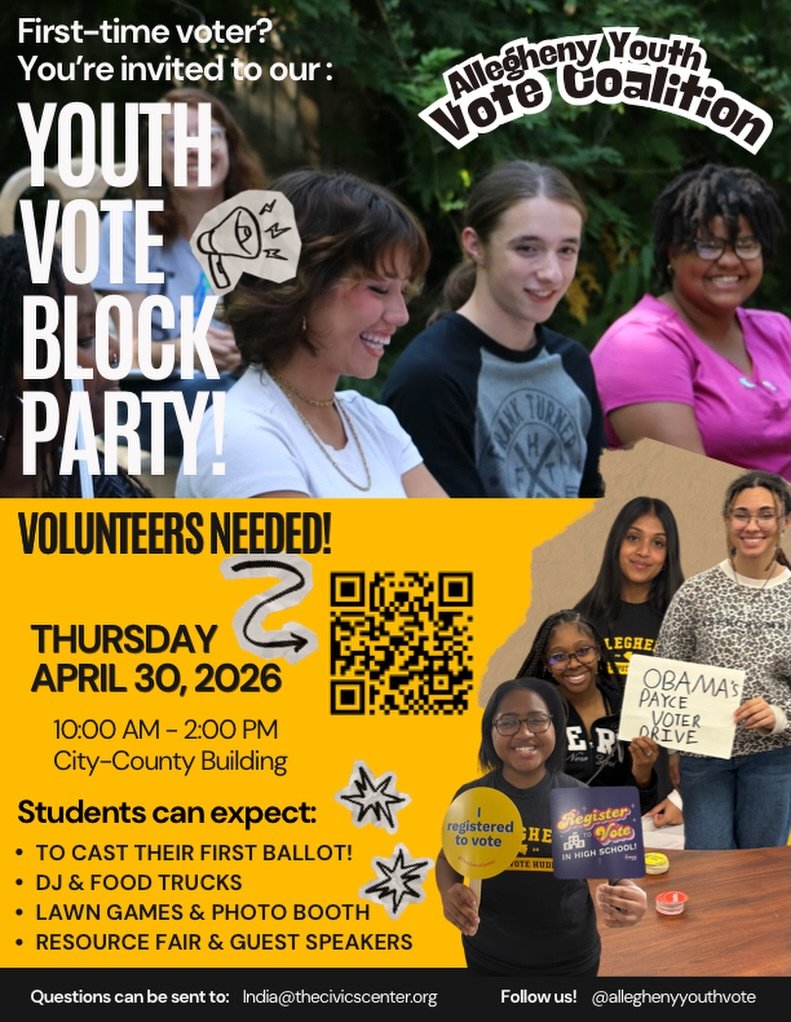 First time voter?🗳️ This one&rsquo;s for you! 🫵🏽

Join us for the youth vote block party hosted by the Allegheny Youth Vote Coalition on Thursday, April 30th from 10am&ndash;2pm at the City-County Building 🎉

This event is all about celebrating y