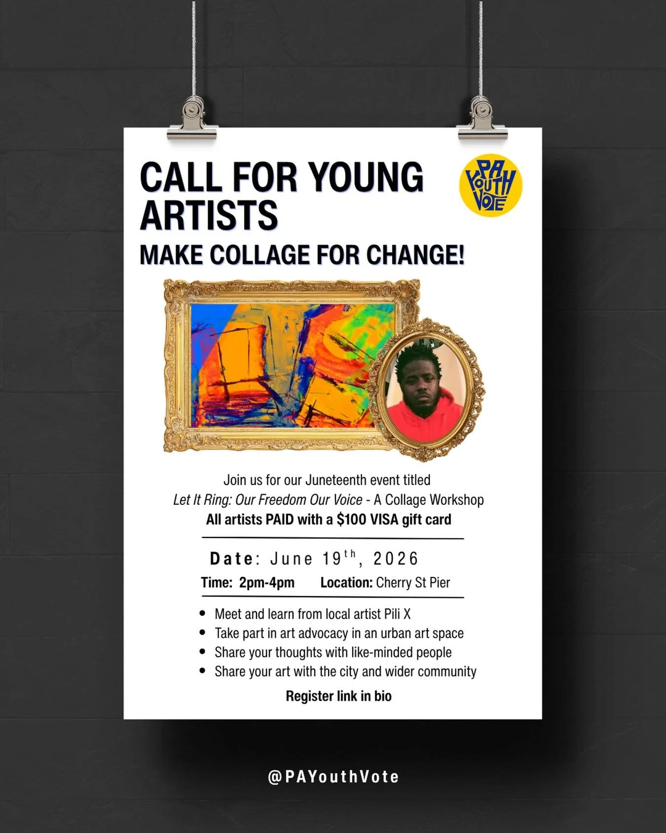 Join us for our Juneteenth collage workshop titled Let it Ring: Our Freedom Our Voice. Featuring local artist Pili X. Come take part in art advocacy &amp; earn a $100 giftcard!
-
Link in bio to register!