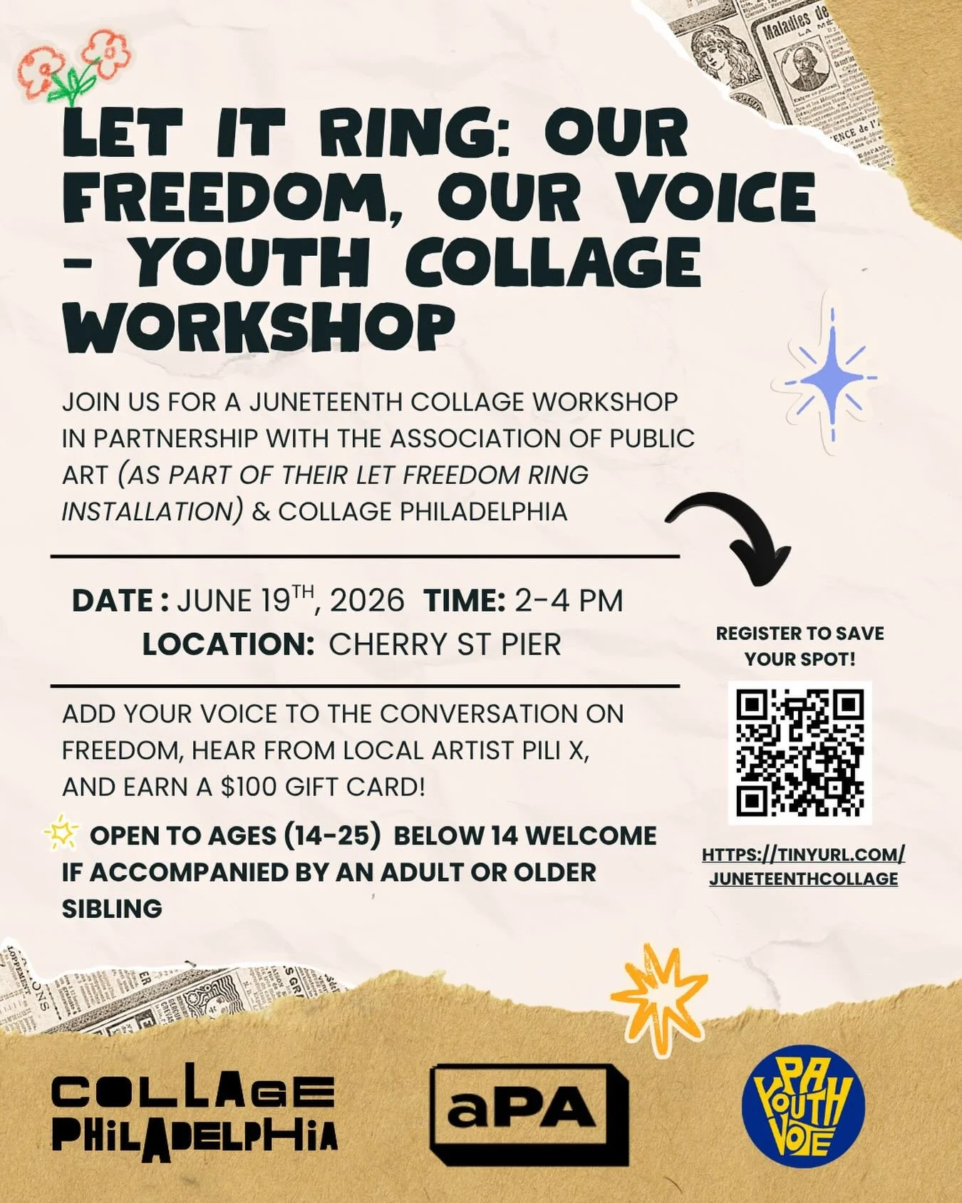 Just a reminder that there&rsquo;s still time to sign up for Let It Ring: Our Freedom, Our Voice. A Juneteenth youth collage workshop presented by the Association for Public Art (@assocpublicart) in partnership with PA Youth Vote and Collage Philadel