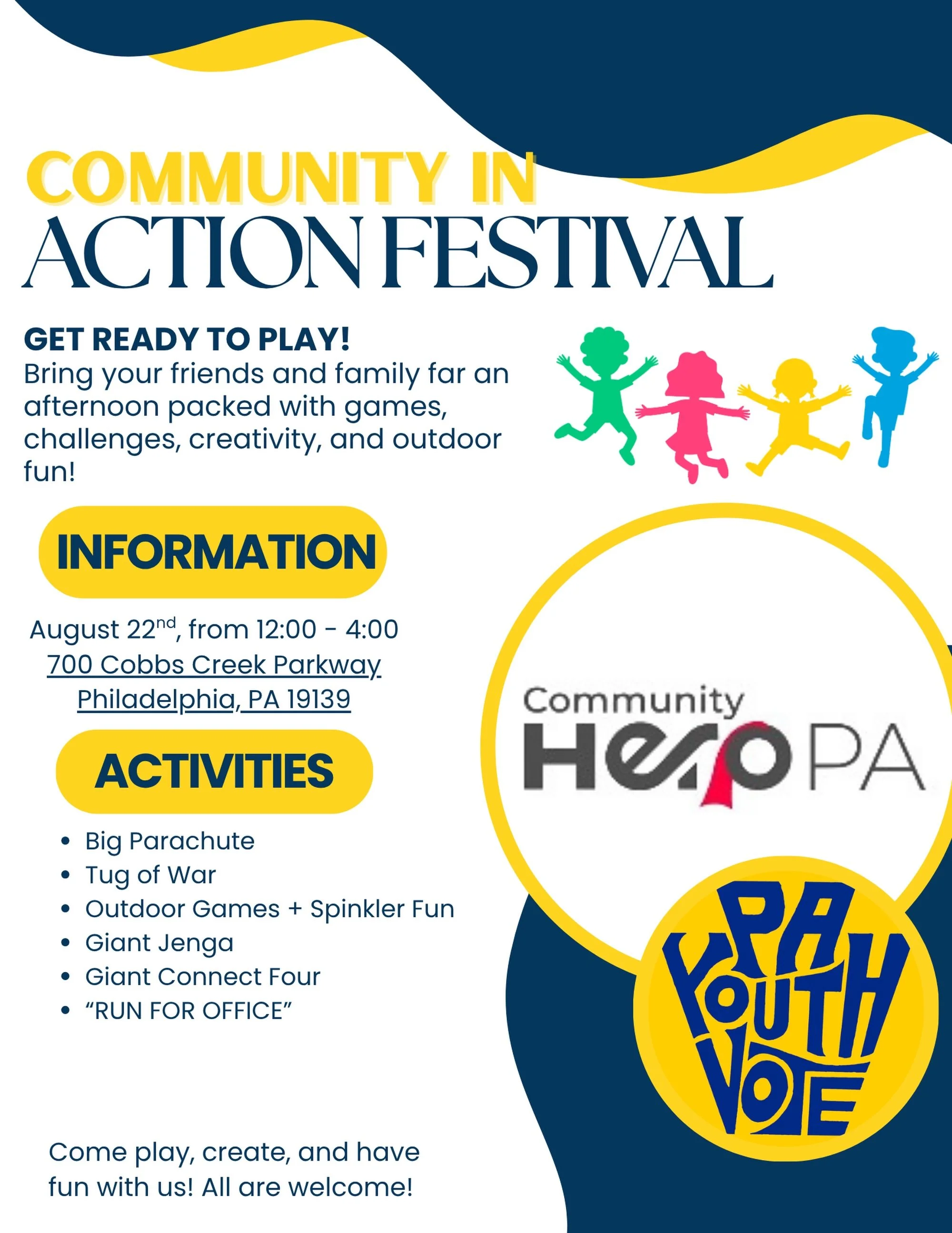 🎉 Get ready to play, connect, and have some fun with PA Youth Vote!

Join us for the Community in Action Festival, an afternoon filled with games, challenges, creativity, and outdoor fun for the whole community! ☀️🎲

📅 August 22
⏰ 12:00&ndash;4:00