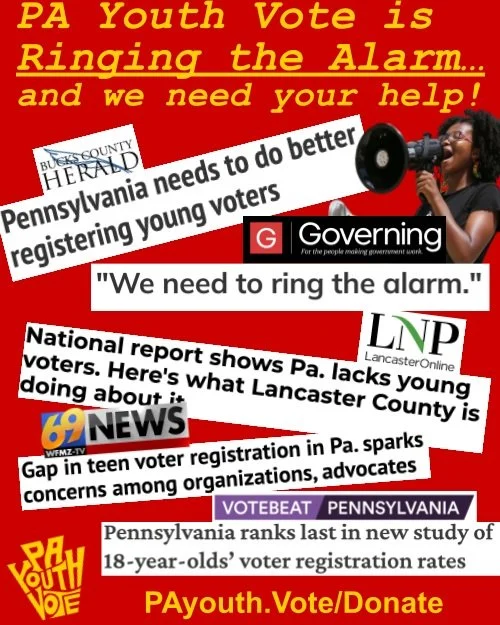 Have you seen the news? A recent study by @thecivicscenter puts PA dead last in voter registration of 18-year-olds on the eve of a critical election... but it's not the teens fault! It's time for adults to ring the alarm to provide education and poli