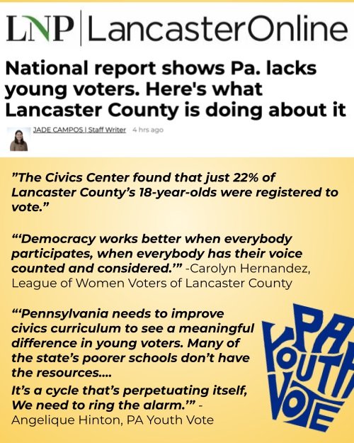In today's news @lancasteronline:
"National report shows Pa. lacks young voters. Here's what Lancaster County is doing about it"

Ring the alarm...

We're working to empower students in public schools across PA with nonpartisan voter resour