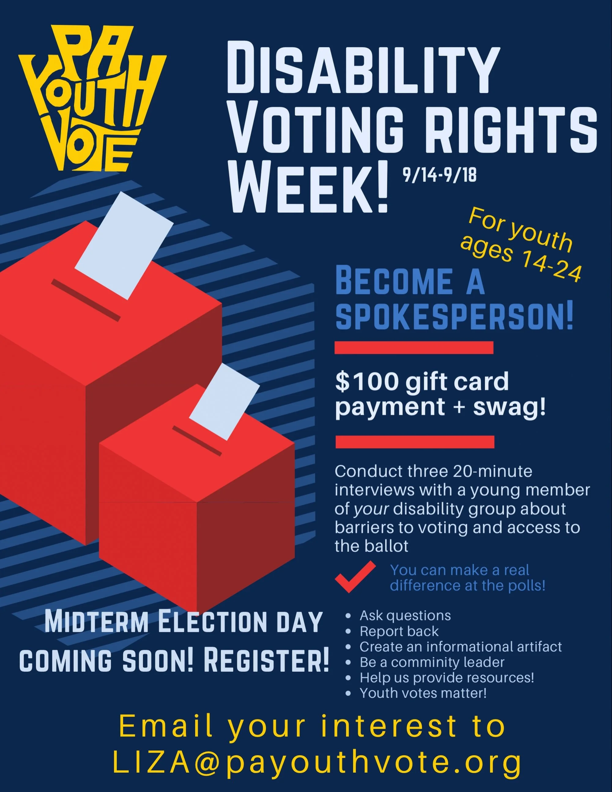 🗳️♿️ Disability Voting Rights Week is here!

PA Youth Vote is celebrating and uplifting the voices of young people with disabilities! From September 14&ndash;18, youth ages 14&ndash;24 have the opportunity to become spokespeople and help shine a lig